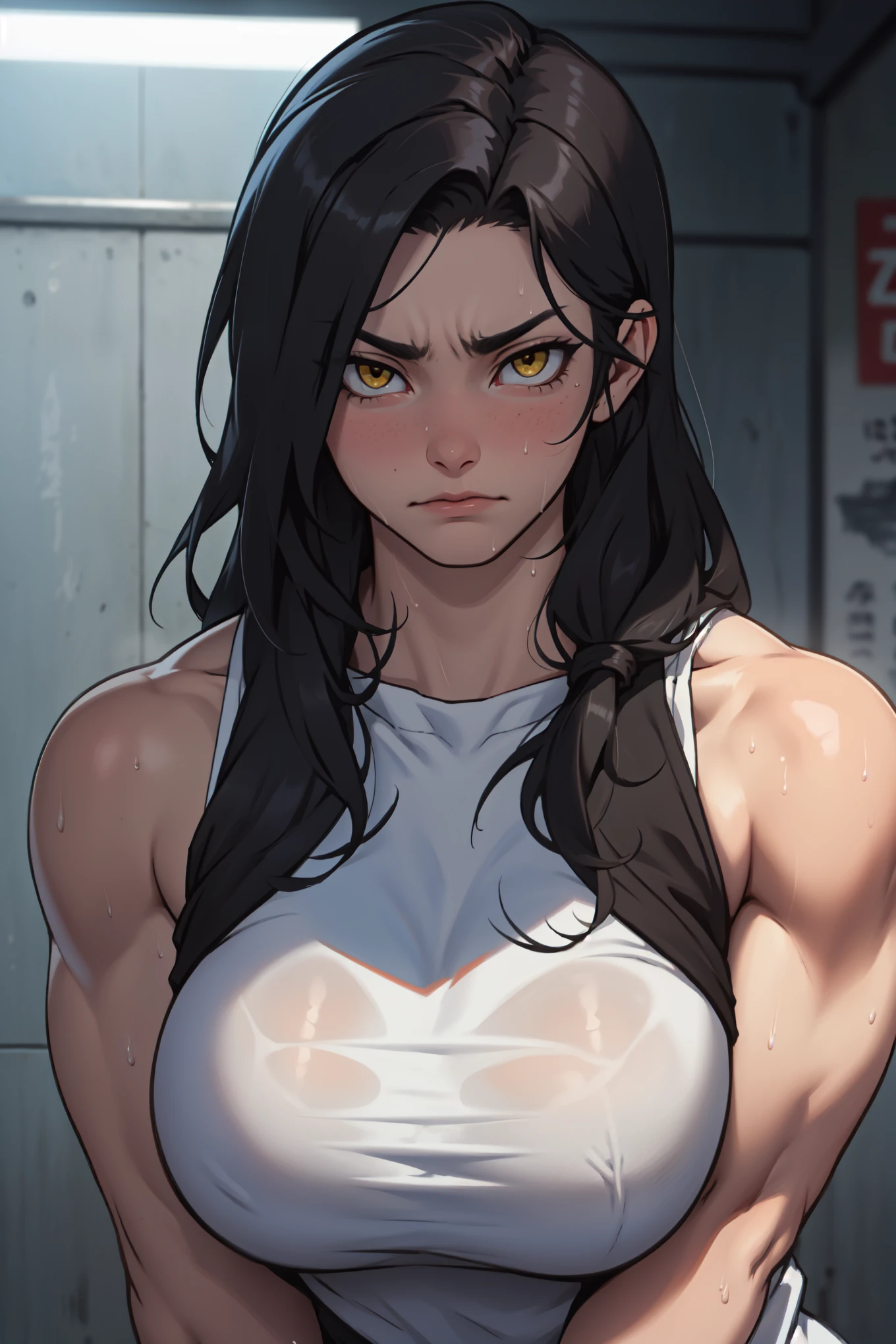 sad pale muscular girl breasts hair black hair yellow eyes extremely long hair sad