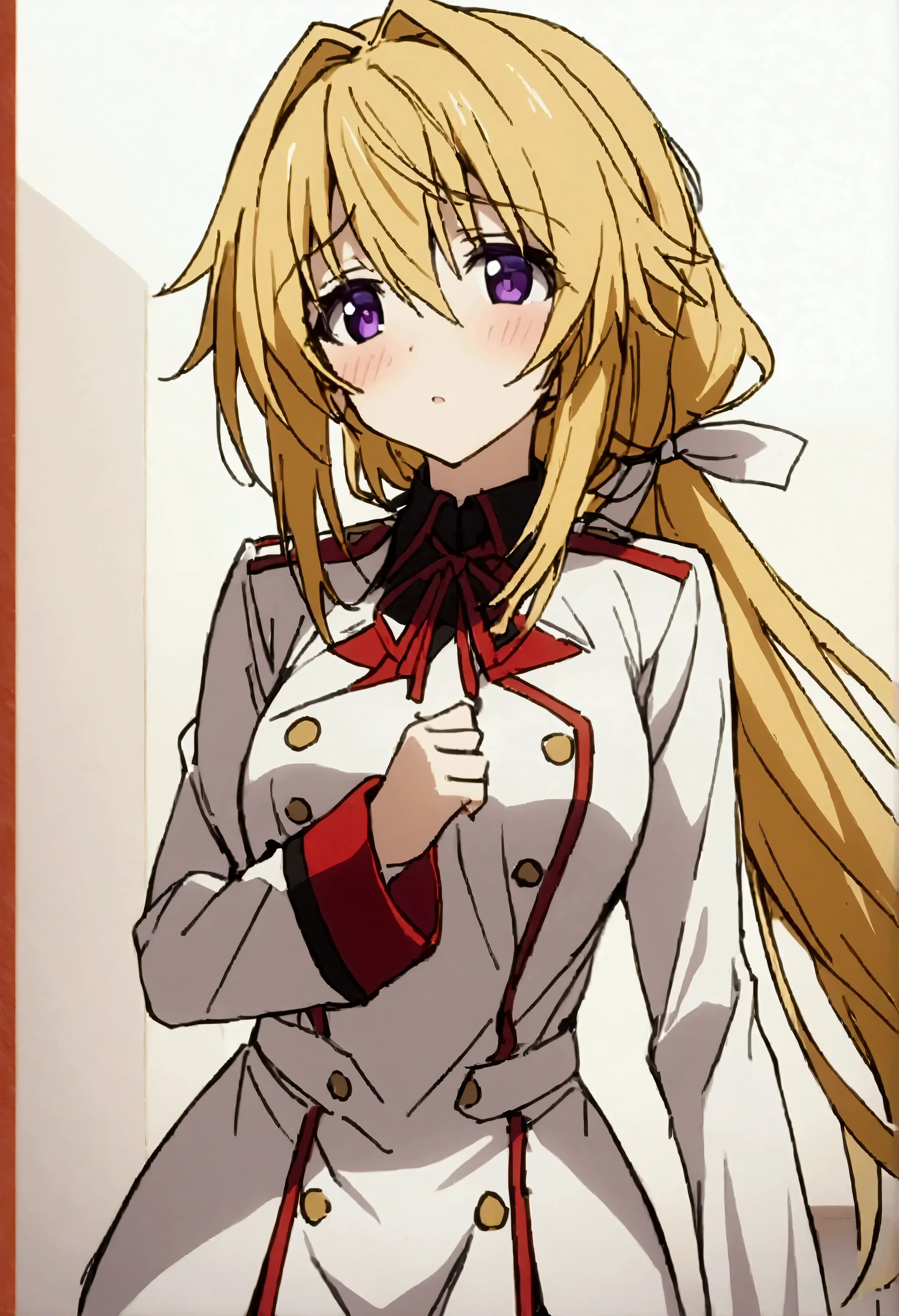 NSFW,masterpiece,Best Quality,High resolution,Very detailed,(One girl),Charlotte Dunois\(Infinite Stratos\),Long Hair、Blonde Hair、ribbon、Purple Eyes、ponytail、ヘアribbon、Student Uniform、ribbon、青いribbon、Long sleeve、Red border、uniform、uniform、白いuniform,School