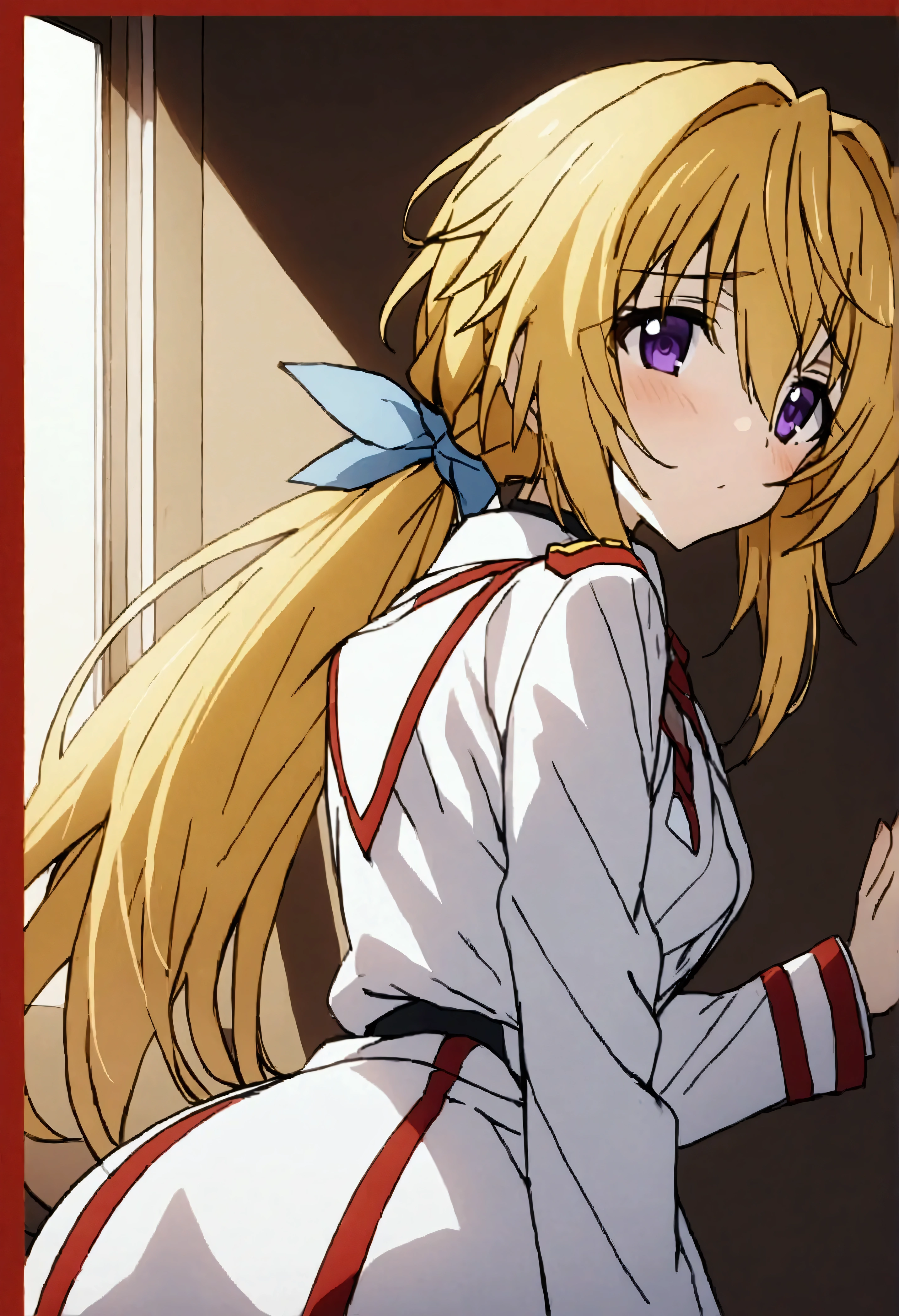 NSFW,masterpiece,Best Quality,High resolution,Very detailed,(One girl),Charlotte Dunois\(Infinite Stratos\),Long Hair、Blonde Hair、ribbon、Purple Eyes、ponytail、ヘアribbon、Student Uniform、ribbon、青いribbon、Long sleeve、Red border、uniform、uniform、白いuniform,School