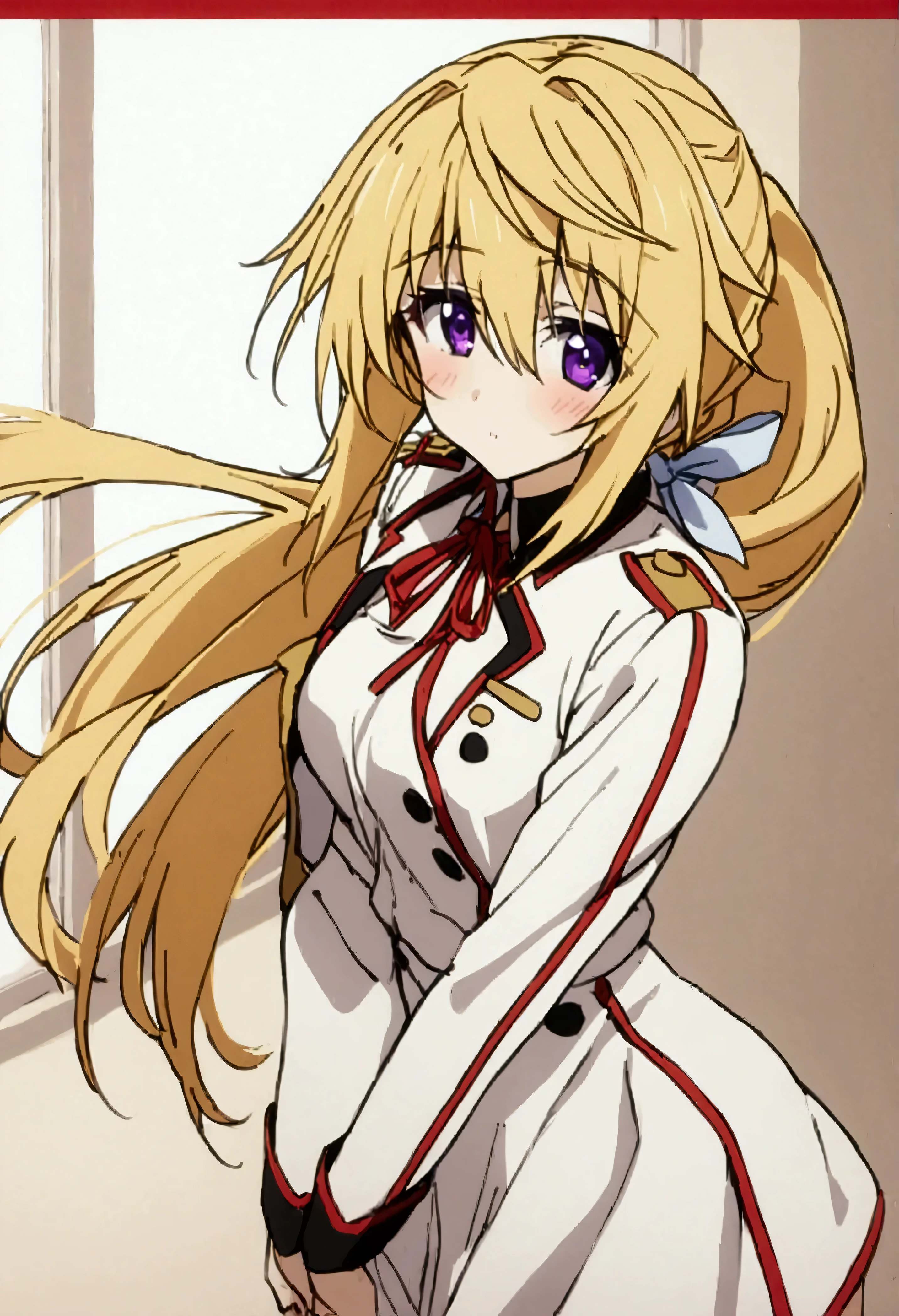 NSFW,masterpiece,Best Quality,High resolution,Very detailed,(One girl),Charlotte Dunois\(Infinite Stratos\),Long Hair、Blonde Hair、ribbon、Purple Eyes、ponytail、ヘアribbon、Student Uniform、ribbon、青いribbon、Long sleeve、Red border、uniform、uniform、白いuniform,School