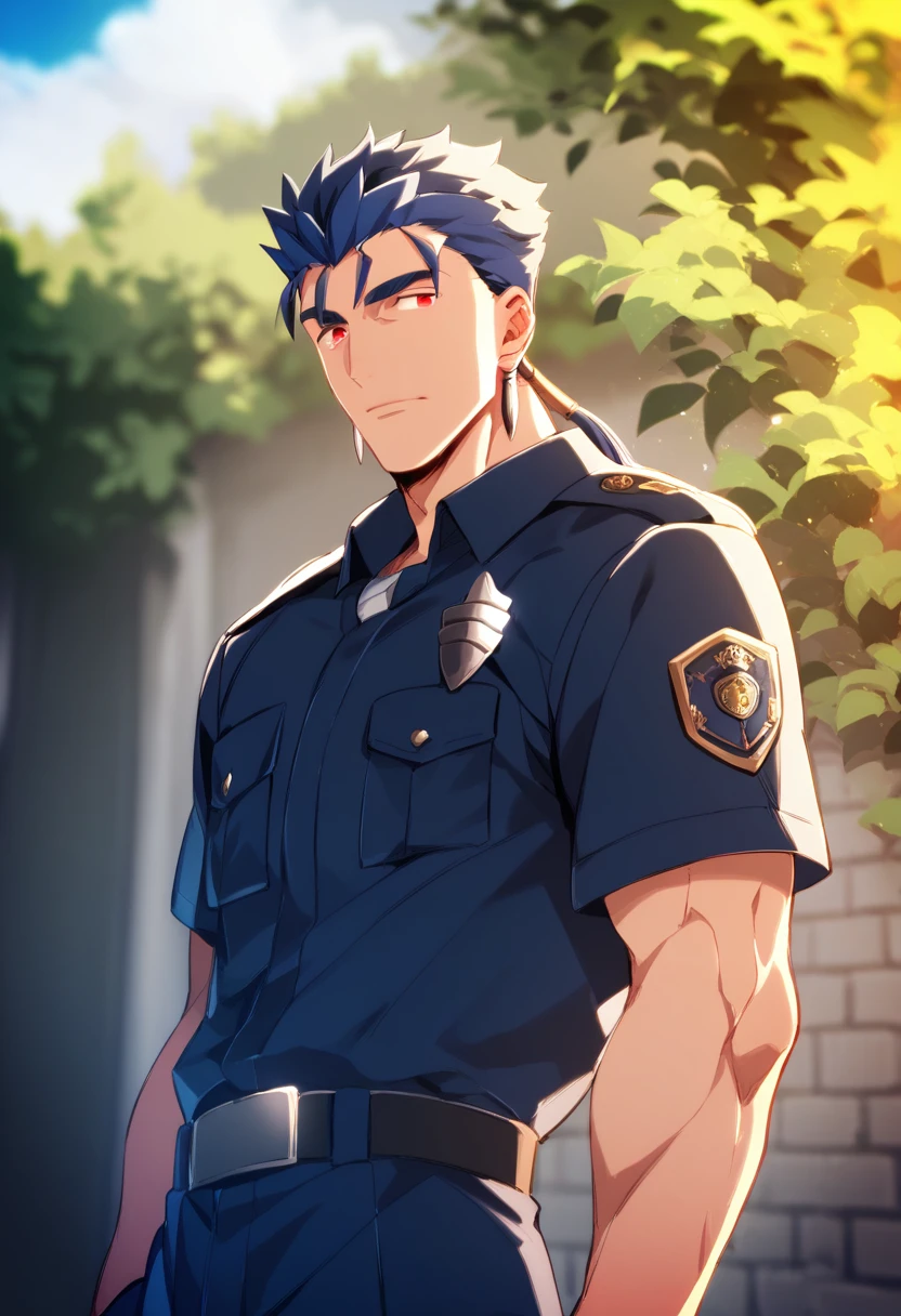 cu Chulainn Lancer blue police uniform with good body not very muscular with red eyes anime with a flirtatious look.