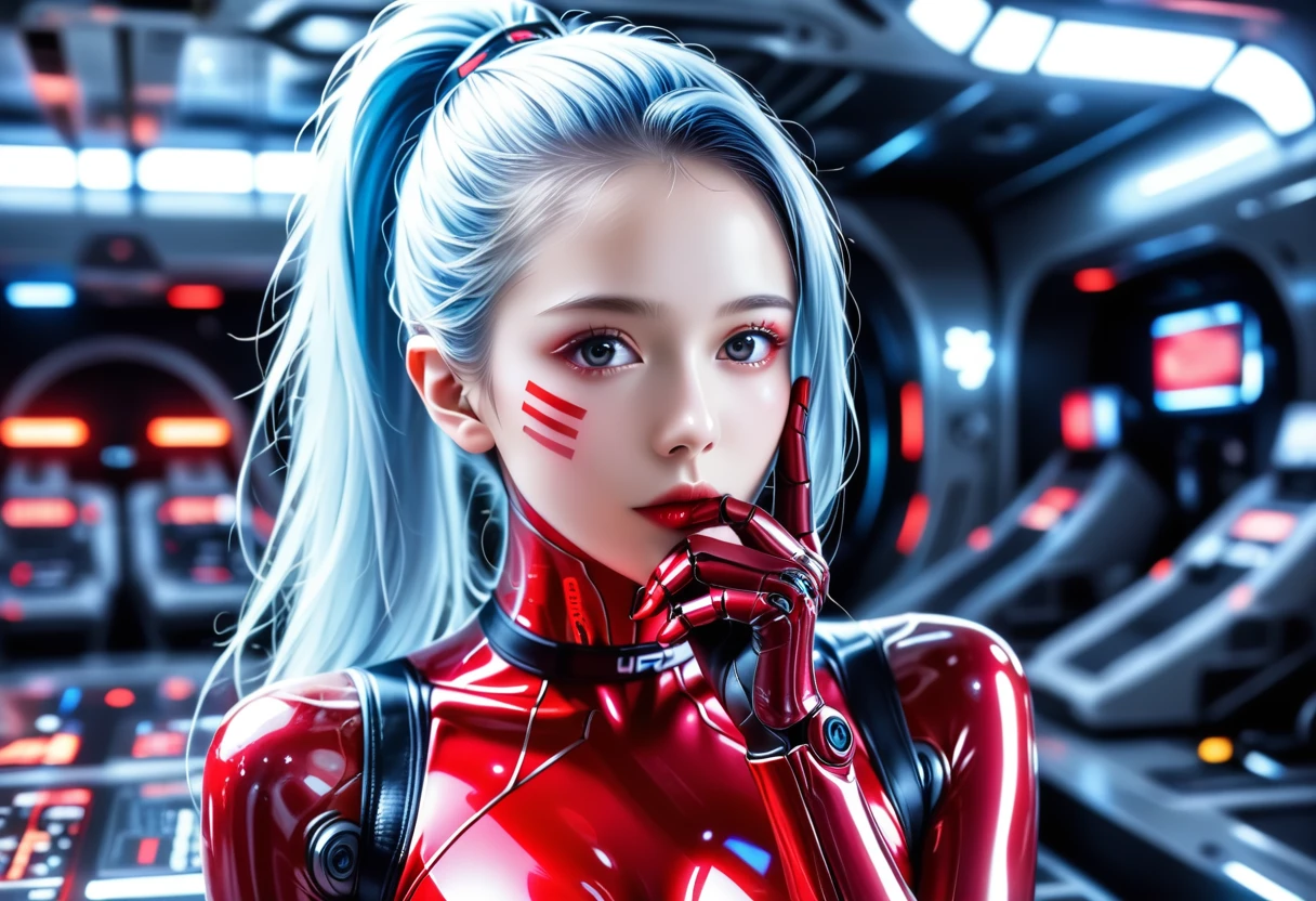 (Beautiful Japanese girl with light blue hair), Cyborg traces, Simple logo mark on face, Ponytail, Loose perm, Black eyes, ((Attractive eyes, Void eyes, Sexually excited, Red cheeks)), Perfect proportions, Large bust, Glamorous body, One hand near mouth, Very beautiful skin, Bondage fashion, Translucent red enamel bodysuit, Futuristic room, Neon, Dazzling brightness, Exquisite details, Full body, Very sharp, High resolution, Realistic, Photorealistic, 8K, Ultra detailed, Masterpiece, Cinematic lighting, Dramatic colors, Vibrant colors