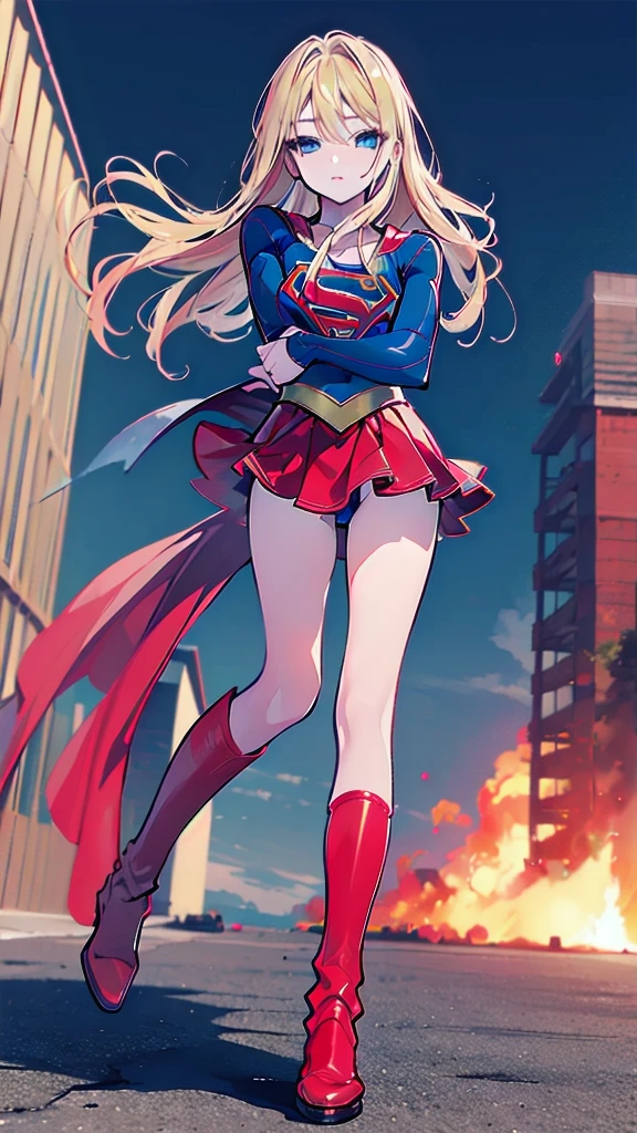 (whole body),Big Booty Goth Girl, Medium Chest, Pose in front,upright， Anime Style，3D Rendering,( supergirl)，blonde，Long Hair，blue eyes，Thick thighs，Red Skirt，The skirt is short,，You can see the blue leotard under the skirt.，Red Boots，The wind blows up my skirt，