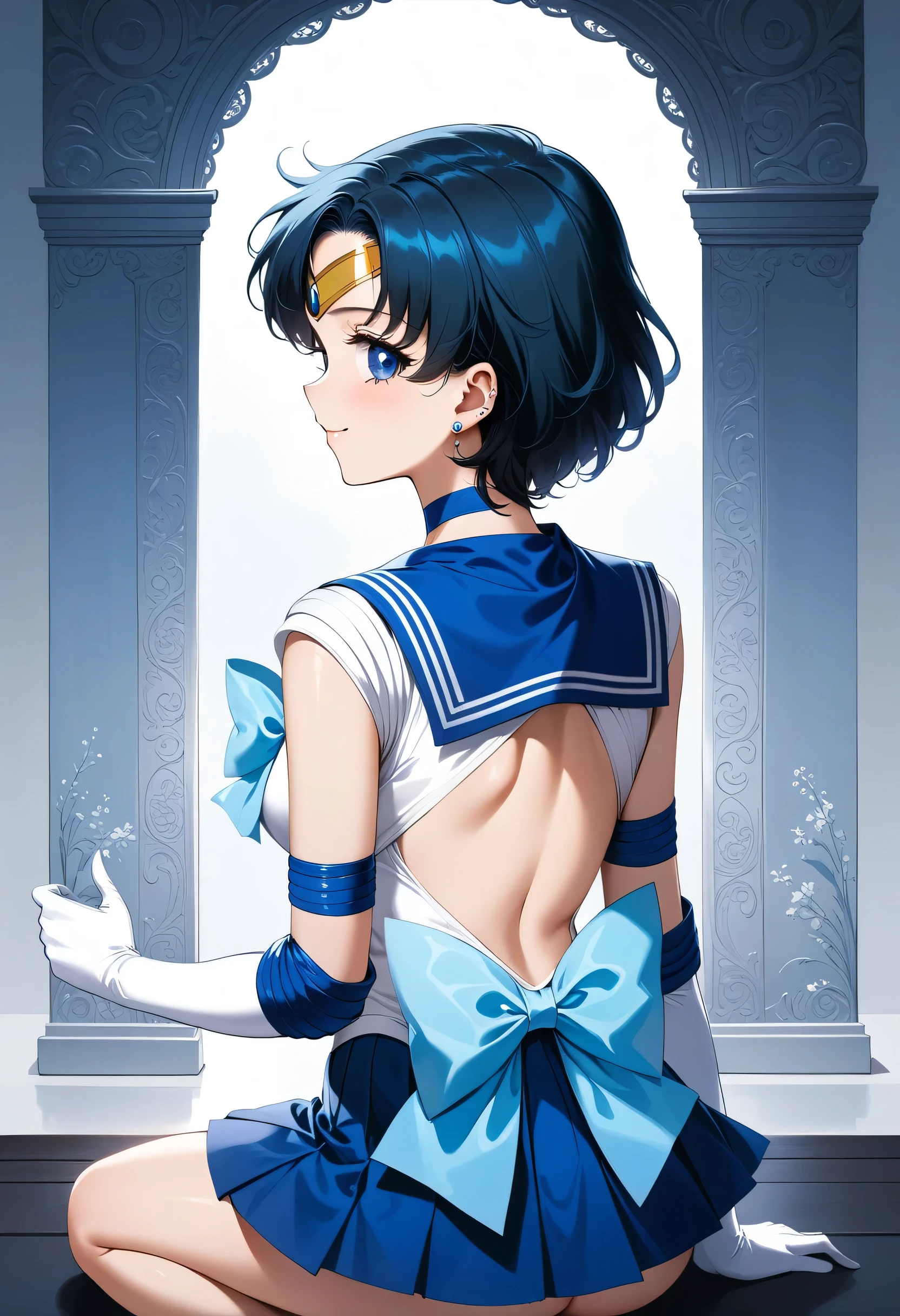 (masterpiece, Best Quality, is very beautiful, Super detailed),((Back Pose:1.3)) 、 Intricate details, 4K, mercury, short hair, Blue Hair, Tiara, Earrings, blue eyes, Blue Choker, Blue sailor collar, Blue bow tie, White shirt, Gloves with elbow pads, White gloves, Pleated skirt, Blue Skirt, barefoot, smile,