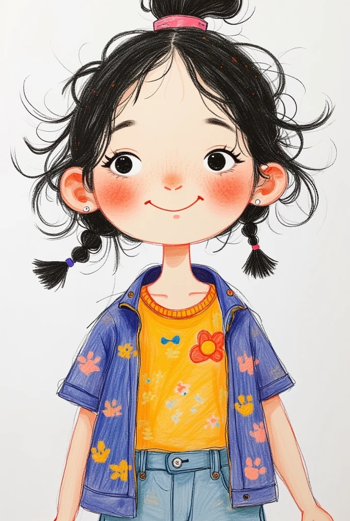 Colorful illustration：Vector Art，Rough texture，Childish Art，Folk Art，A funny cartoon，Pastel Art：Happy little kid，Alone，Cute expression，Cartoon Speed，Messy hair