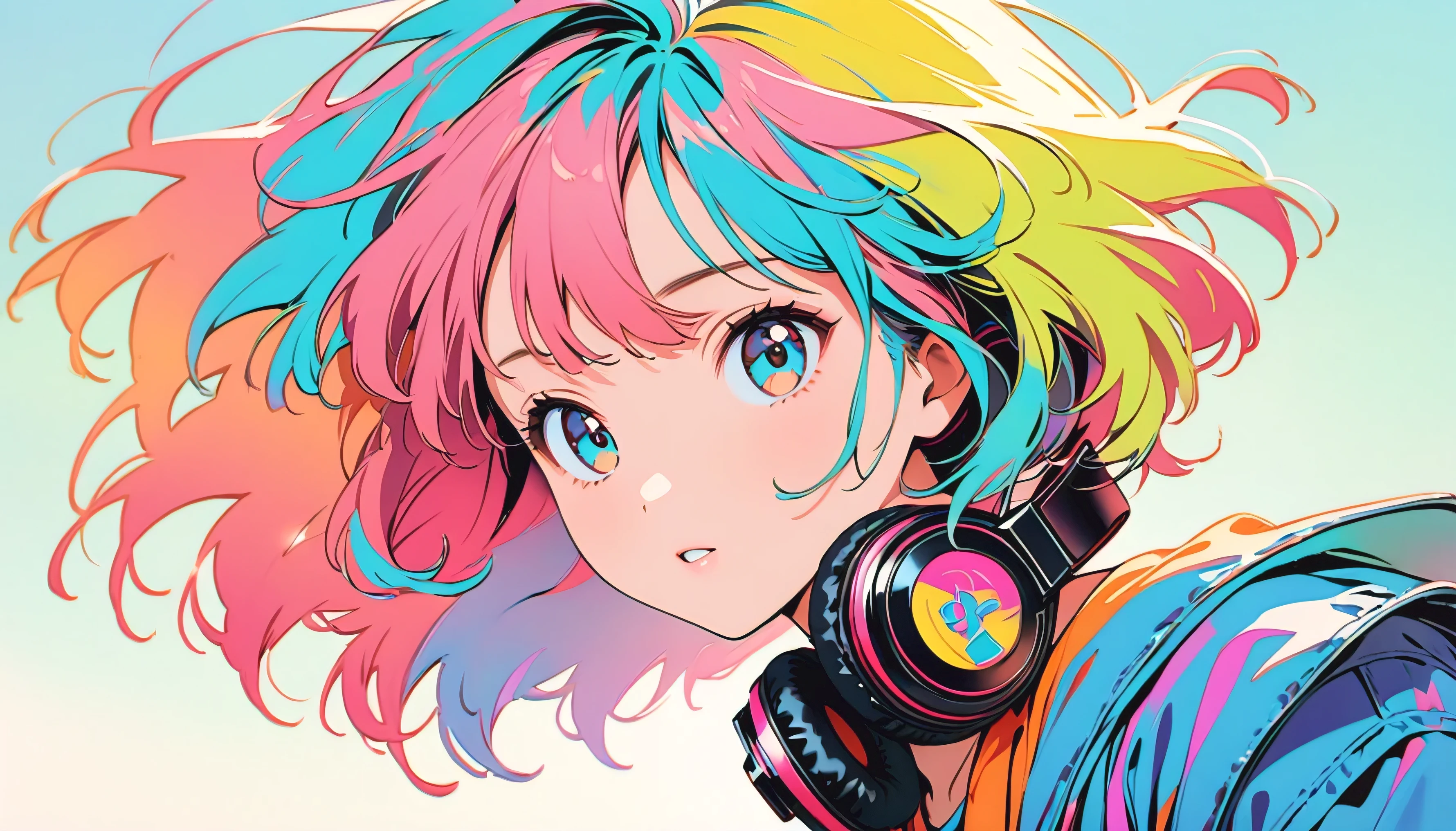 (Highest quality:1.2, City Pop Style, Very detailed, up to date, Vibrant, High Contrast, masterpiece:1.2, Highest quality, Best aesthetics), girl, ((Face Up Shot:1.4)), Colorful Hair, Bobcut, pastel colour, 1980s style, ((Retro, Vintage, Plain background))　（Headphones）