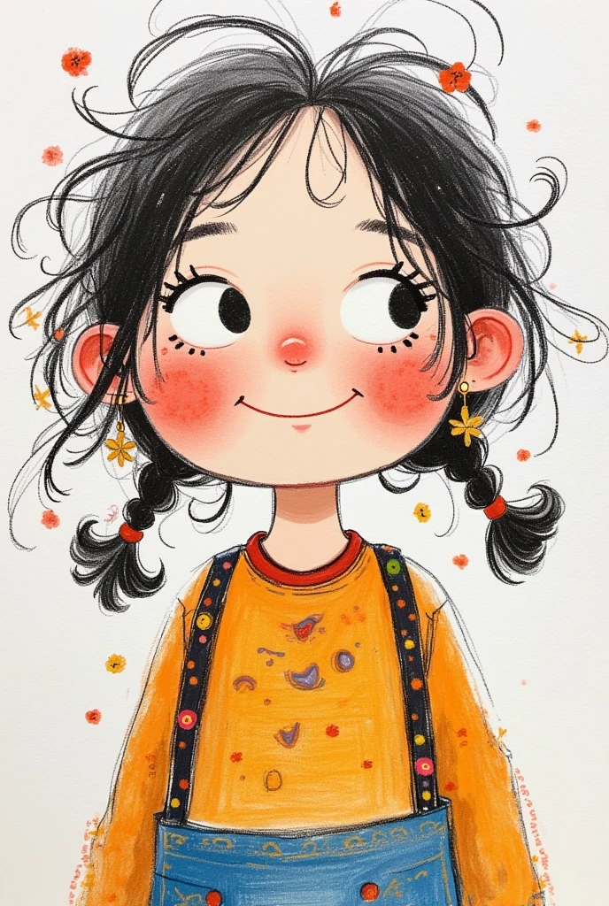 Colorful illustration：Vector Art，Rough texture，Childish Art，Folk Art，A funny cartoon，Pastel Art：Happy little kid，Alone，Cute expression，Cartoon Speed，Messy hair