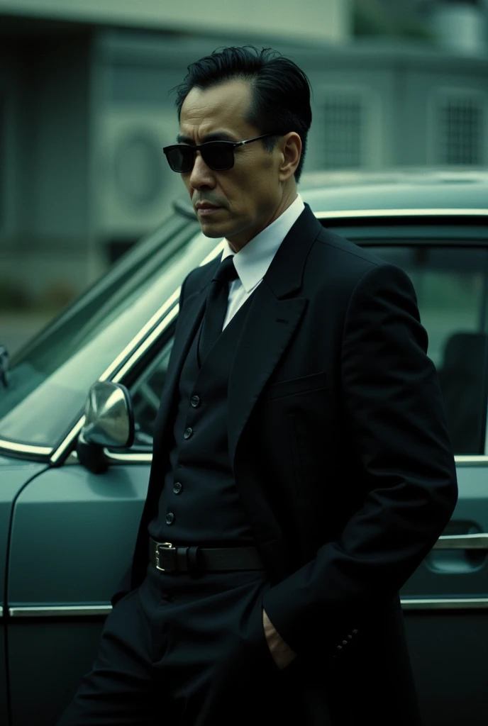 cinematography, realistic, retro, film grain, Wong Kar-wai, dark lighting, Alone, a middle aged man in a black suit and black sunglasses, stern expression, hand in pocket, he leaned against a car, blurry, bokeh effect