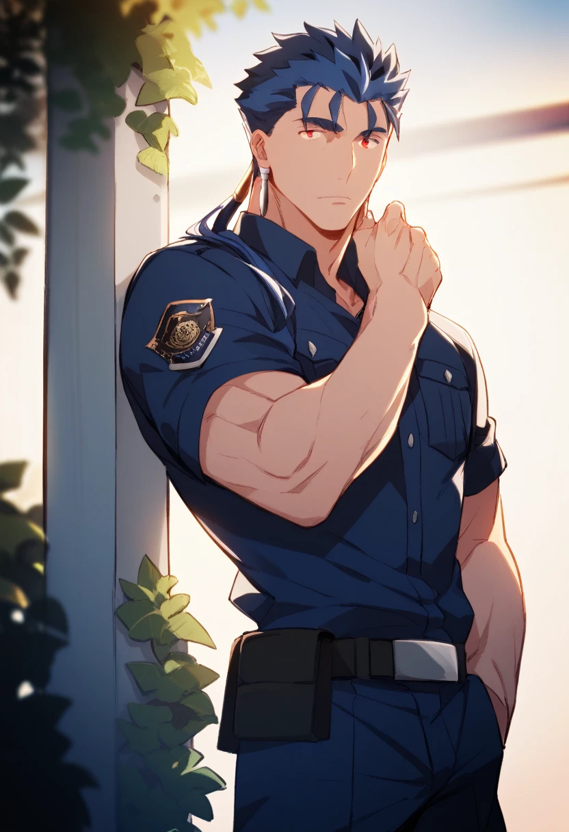 cu Chulainn Lancer blue police uniform with good body not very muscular with red eyes anime with a flirtatious look.