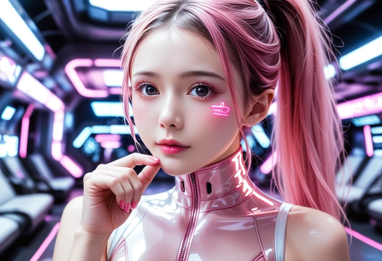 (pink hair, beautiful Japanese girl), cyborg traces, simple logo mark on face, ponytail, loose perm, black eyes, ((attractive eyes, vacant eyes, sexually excited, flushed cheeks)), perfect proportions, large bust, glamorous body, one hand near mouth, very beautiful skin, bondage fashion, semi-transparent pink enamel bodysuit, futuristic room, neon, dazzling brightness, exquisite details, full body, very sharp, high resolution, realistic, photorealistic, 8K, ultra detailed, masterpiece, cinematic lighting, dramatic colors, vibrant colors