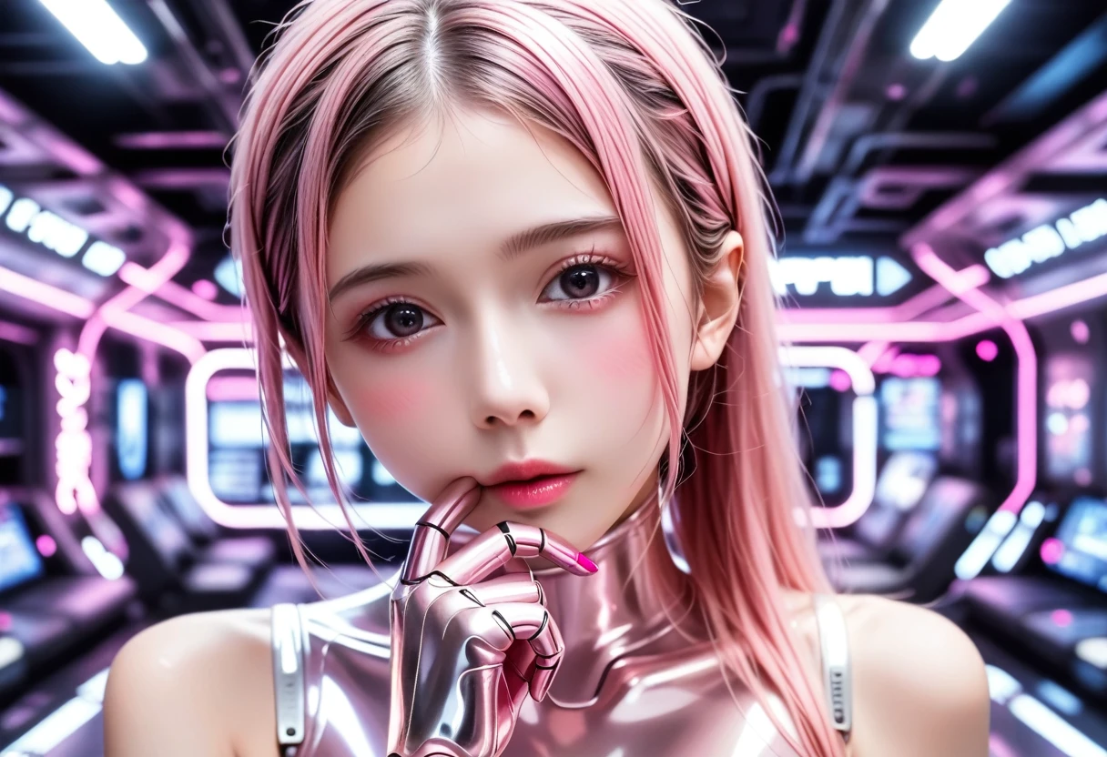 (pink hair, beautiful Japanese girl), cyborg traces, simple logo mark on face, ponytail, loose perm, black eyes, ((attractive eyes, vacant eyes, sexually excited, flushed cheeks)), perfect proportions, large bust, glamorous body, one hand near mouth, very beautiful skin, bondage fashion, semi-transparent pink enamel bodysuit, futuristic room, neon, dazzling brightness, exquisite details, full body, very sharp, high resolution, realistic, photorealistic, 8K, ultra detailed, masterpiece, cinematic lighting, dramatic colors, vibrant colors