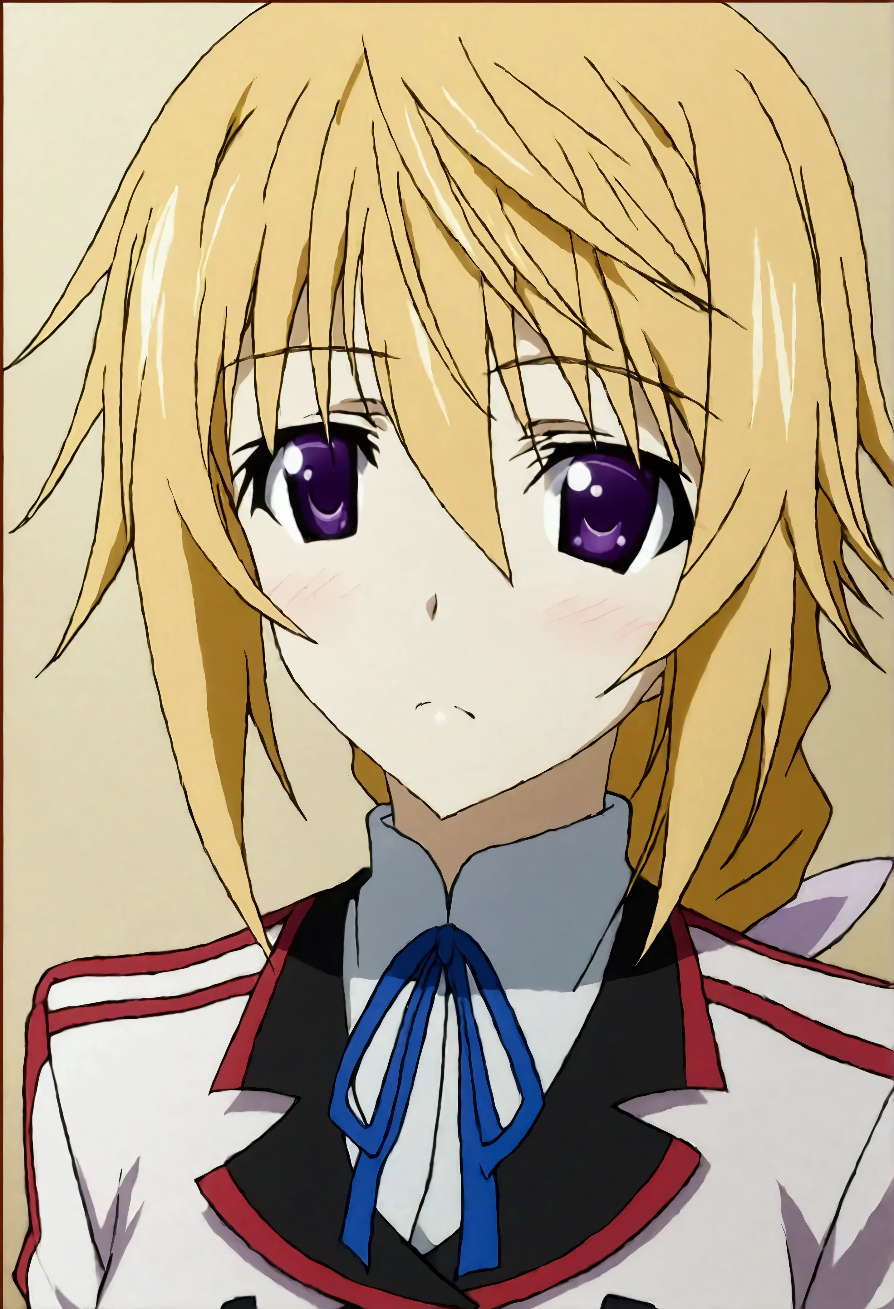 NSFW,masterpiece,Best Quality,High resolution,Very detailed,(One girl),Charlotte Dunois\(Infinite Stratos\),Long Hair、Blonde Hair、ribbon、Purple Eyes、ponytail、ヘアribbon、Student Uniform、ribbon、青いribbon、Long sleeve、Red border、uniform、uniform、白いuniform,School
