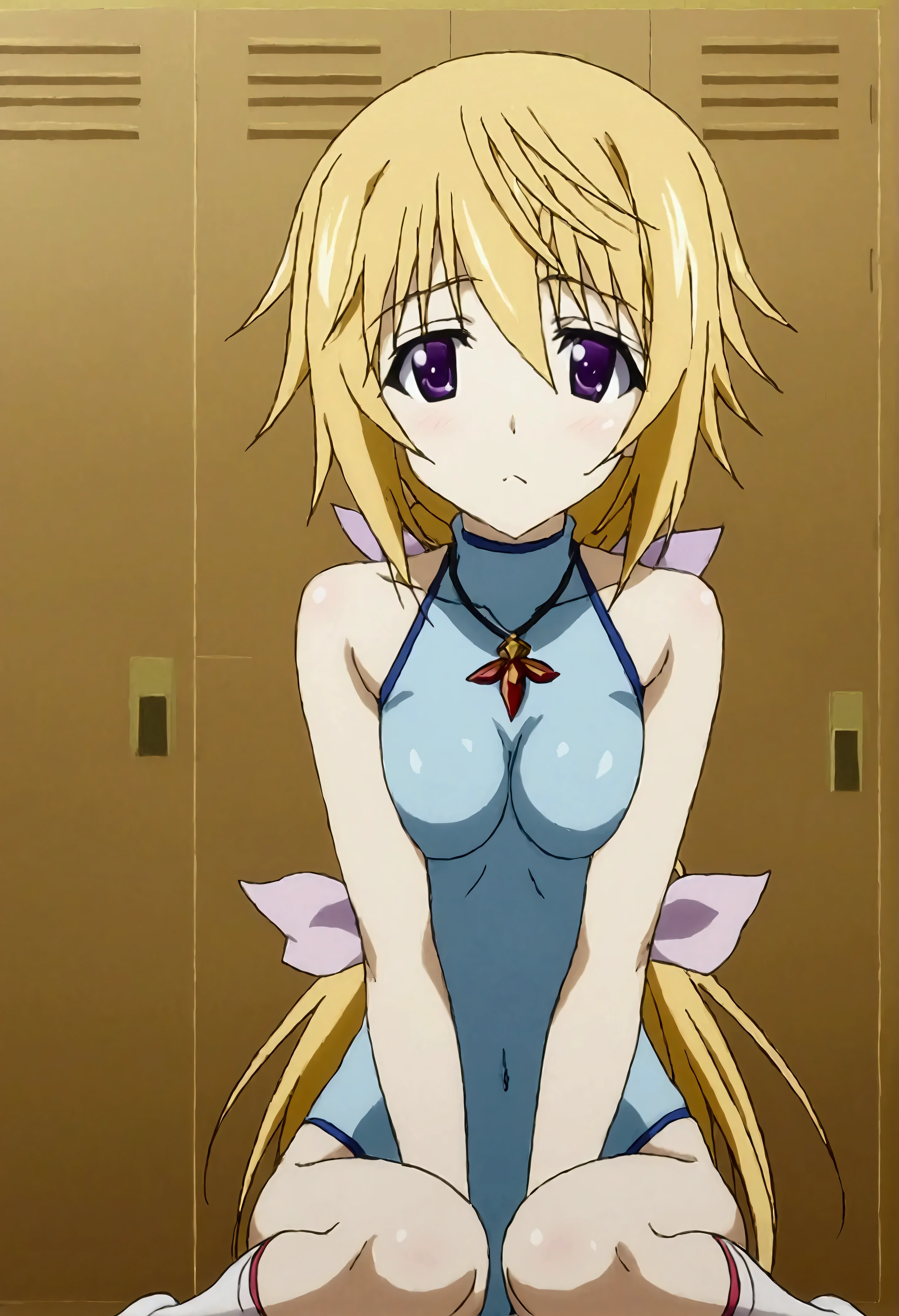 NSFW,masterpiece,Best Quality,High resolution,Very detailed,(One girl),Charlotte Dunois\(Infinite Stratos\),Long Hair、Blonde Hair、ribbon、Purple Eyes、ponytail、ヘアribbon、Knee socks、Shoulder Bare、jewelry、黒Knee socks、necklace、leotard、Belly button exposed、turtleneck、Halter neck、pendant、Pilot Suit,locker room