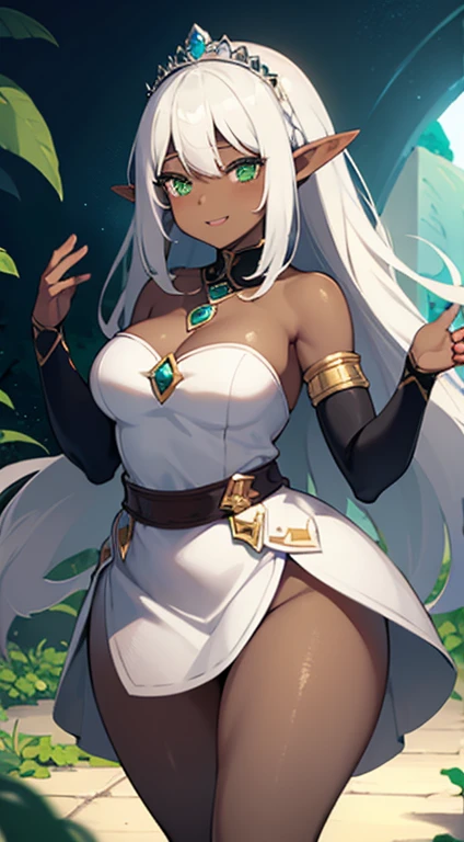 (((Elf Woman))),((Dark Skin)),((White Hair)),((Green Eyes)), ((sexy body)), ((Evening dress))