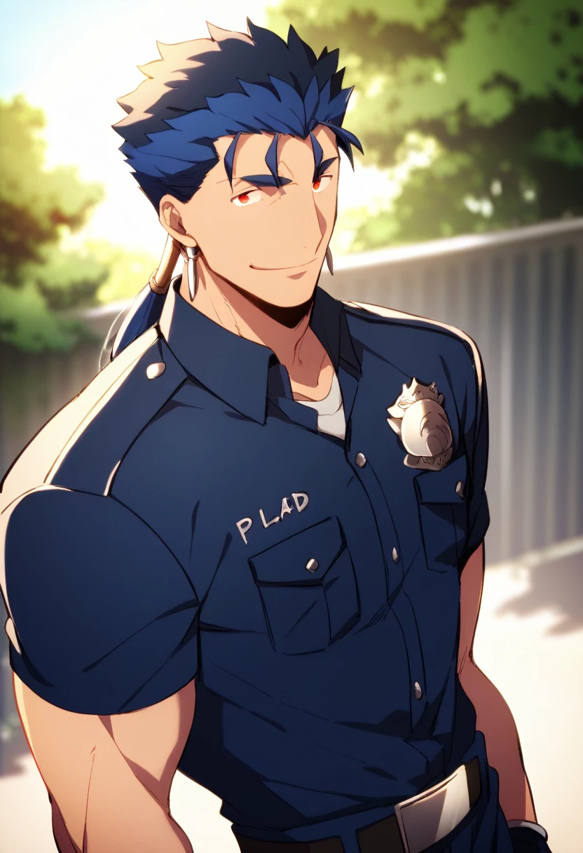 cu Chulainn Lancer blue police uniform with good little muscular body with red eyes anime with a flirtatious smile.