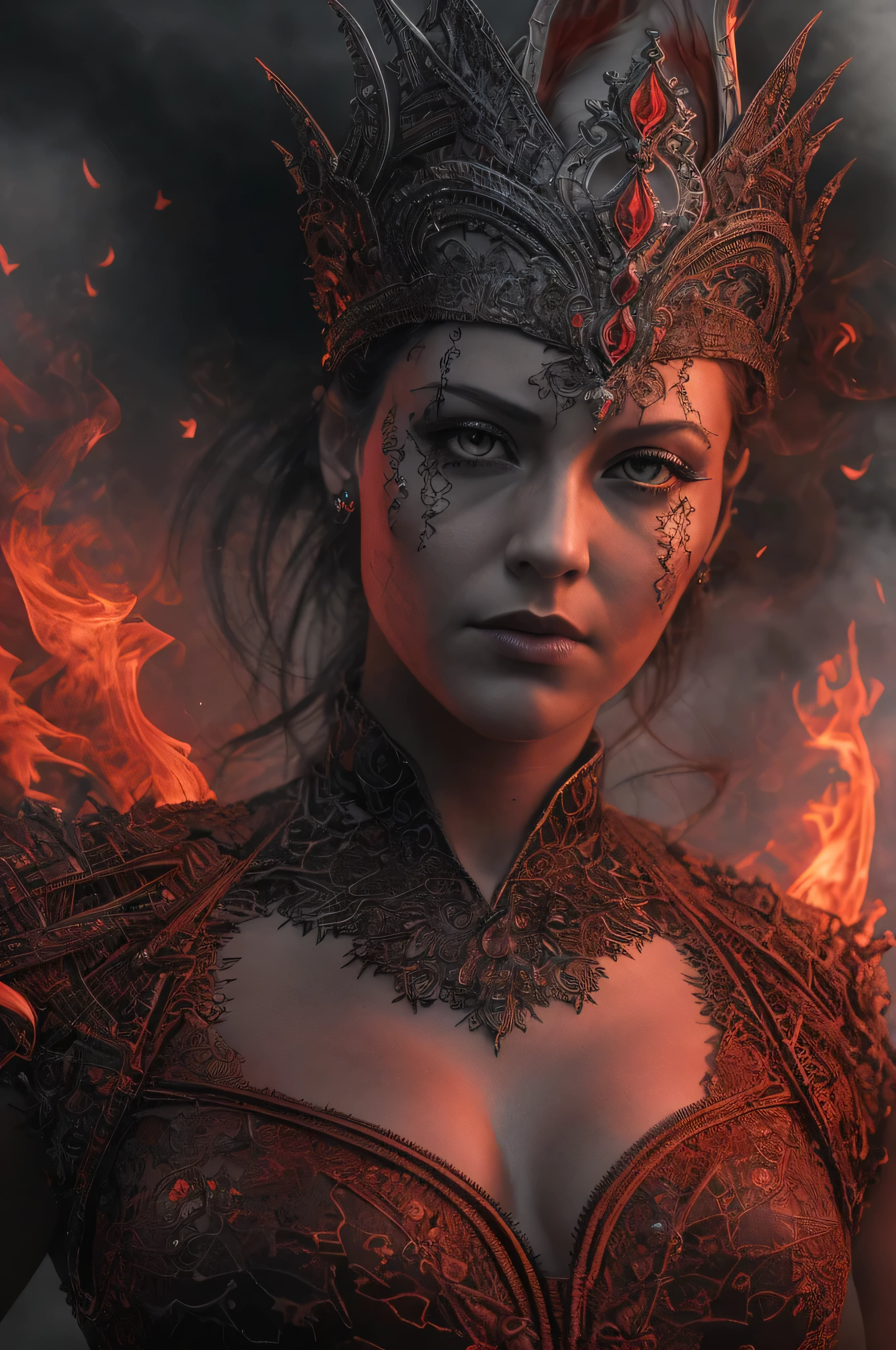 Pen and ink. Queen made of fire. (ultra-detailed, CG ,unity ,8k wallpaper),(masterpiece), (realistic), (photorealistic:1.2), (raw photo:1.2), (best quality:1.2), (detailed face :1.4), (beautiful detailed eyes :1.2), The character is surrounded by mist, evoking a mysterious and eerie atmosphere. The lighting is dark and atmospheric, with a red smoke adding a touch of sinister ambiance. The image is of the best quality, with a resolution of 4k and HDR enhancement, showcasing the utmost level of detail and realism, sfw, full body shot. View from above. (1woman), great composition, best quality, ultra high res, photorealistic,