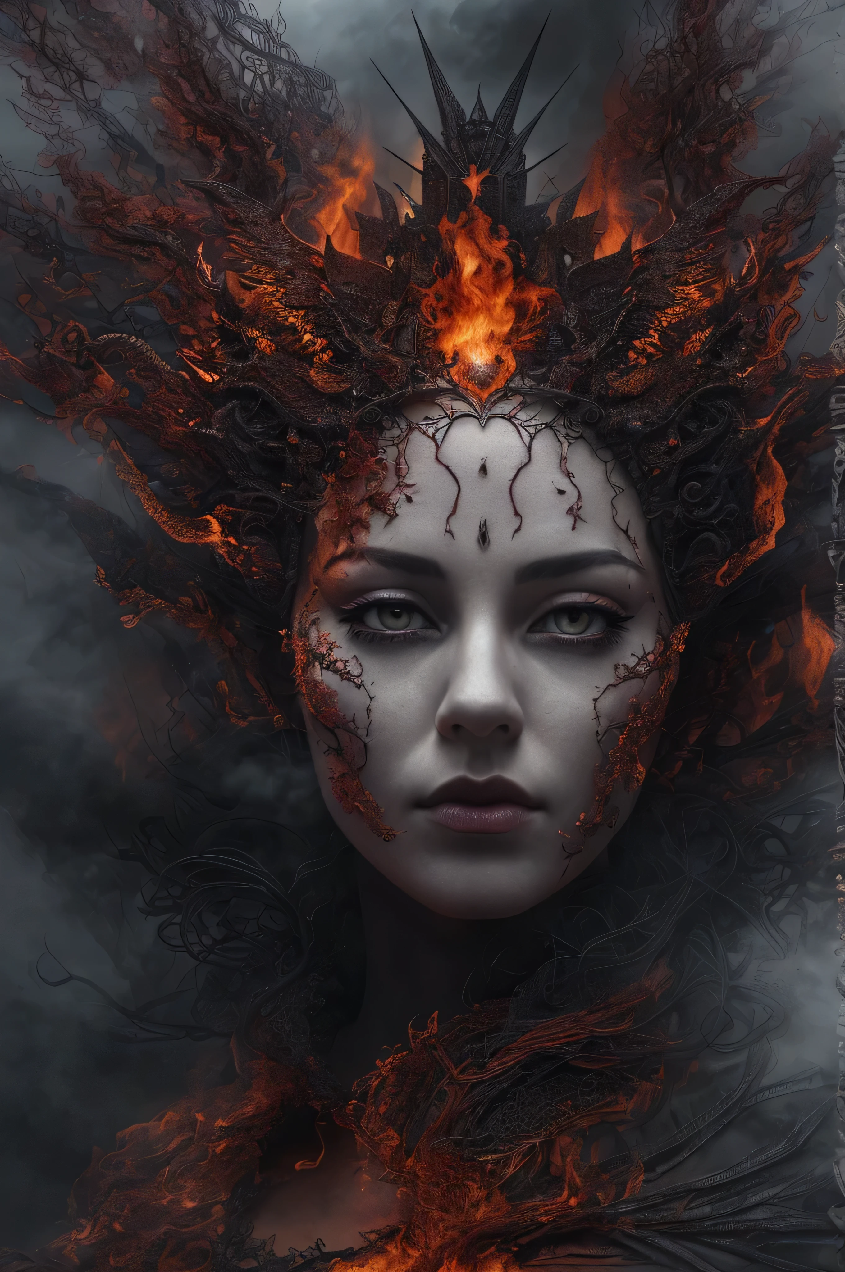 Pen and ink. Queen made of fire. (ultra-detailed, CG ,unity ,8k wallpaper),(masterpiece), (realistic), (photorealistic:1.2), (raw photo:1.2), (best quality:1.2), (detailed face :1.4), (beautiful detailed eyes :1.2), The character is surrounded by mist, evoking a mysterious and eerie atmosphere. The lighting is dark and atmospheric, with a red smoke adding a touch of sinister ambiance. The image is of the best quality, with a resolution of 4k and HDR enhancement, showcasing the utmost level of detail and realism, sfw, full body shot. View from above. (1woman), great composition, best quality, ultra high res, photorealistic,