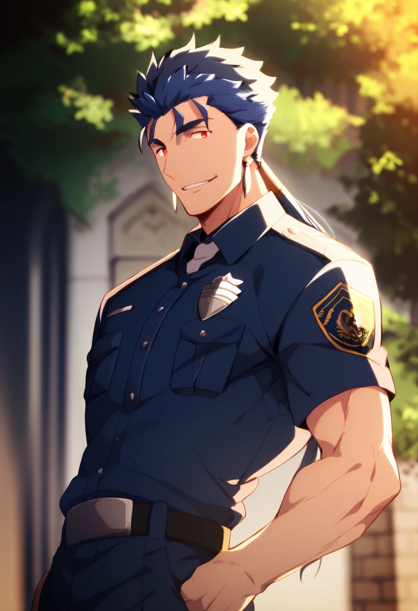 cu Chulainn Lancer blue police uniform with good little muscular body with red eyes anime with a flirtatious smile.