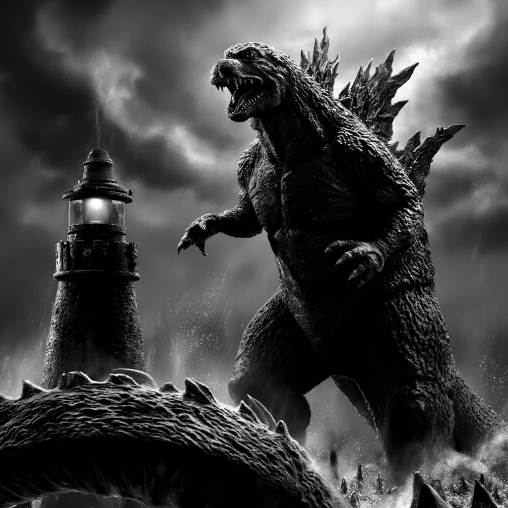 godzilla, big wave, stomy night, lighthouse, monochrome, Hi3_godzilla