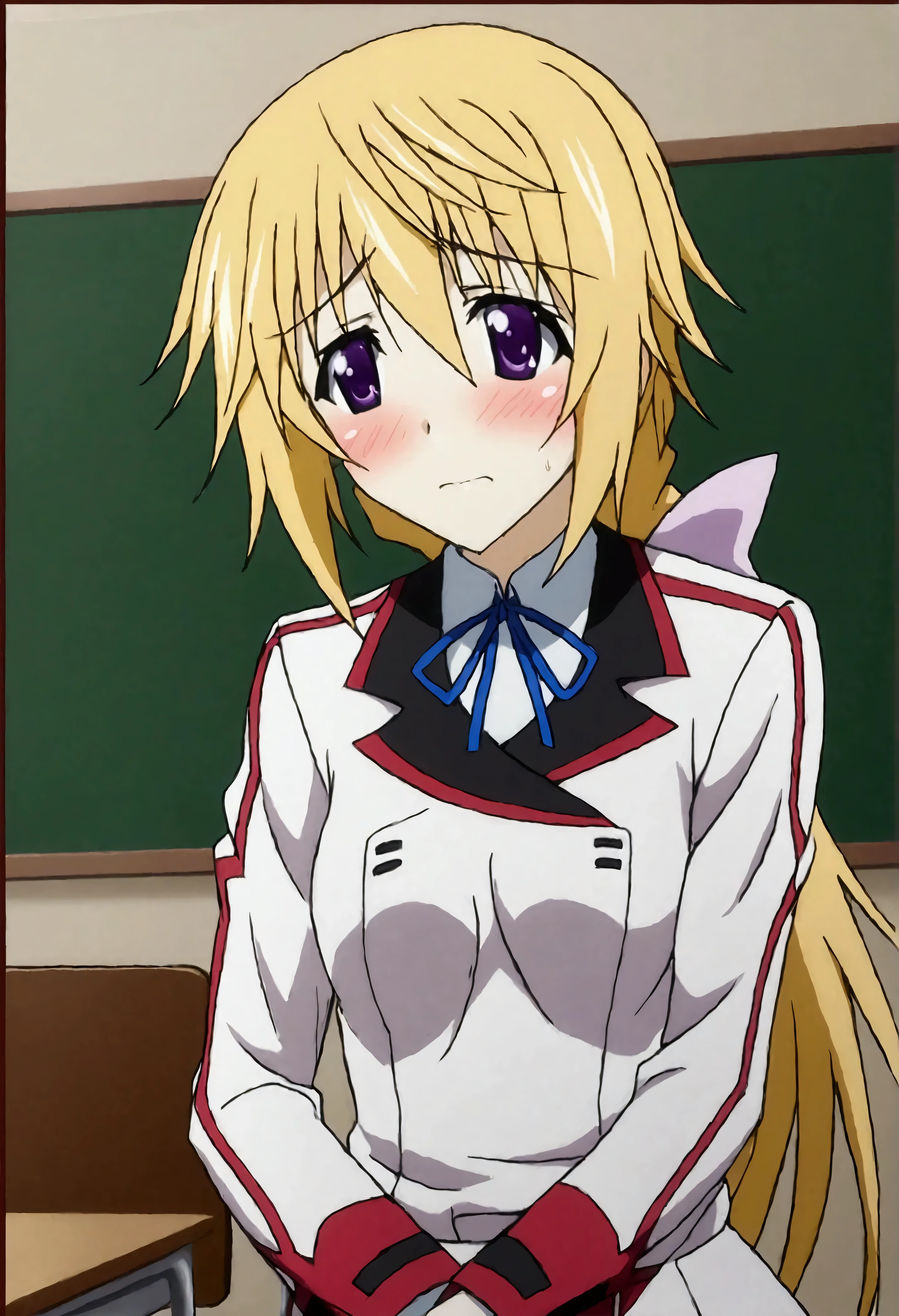 NSFW,masterpiece,Best Quality,High resolution,Very detailed,(One girl),Charlotte Dunois\(Infinite Stratos\),Long Hair、Blonde Hair、ribbon、Purple Eyes、ponytail、ヘアribbon、Student Uniform、ribbon、青いribbon、Long sleeve、Red border、uniform、uniform、白いuniform,School,classroom,machine,chair,Embarrassed,blush