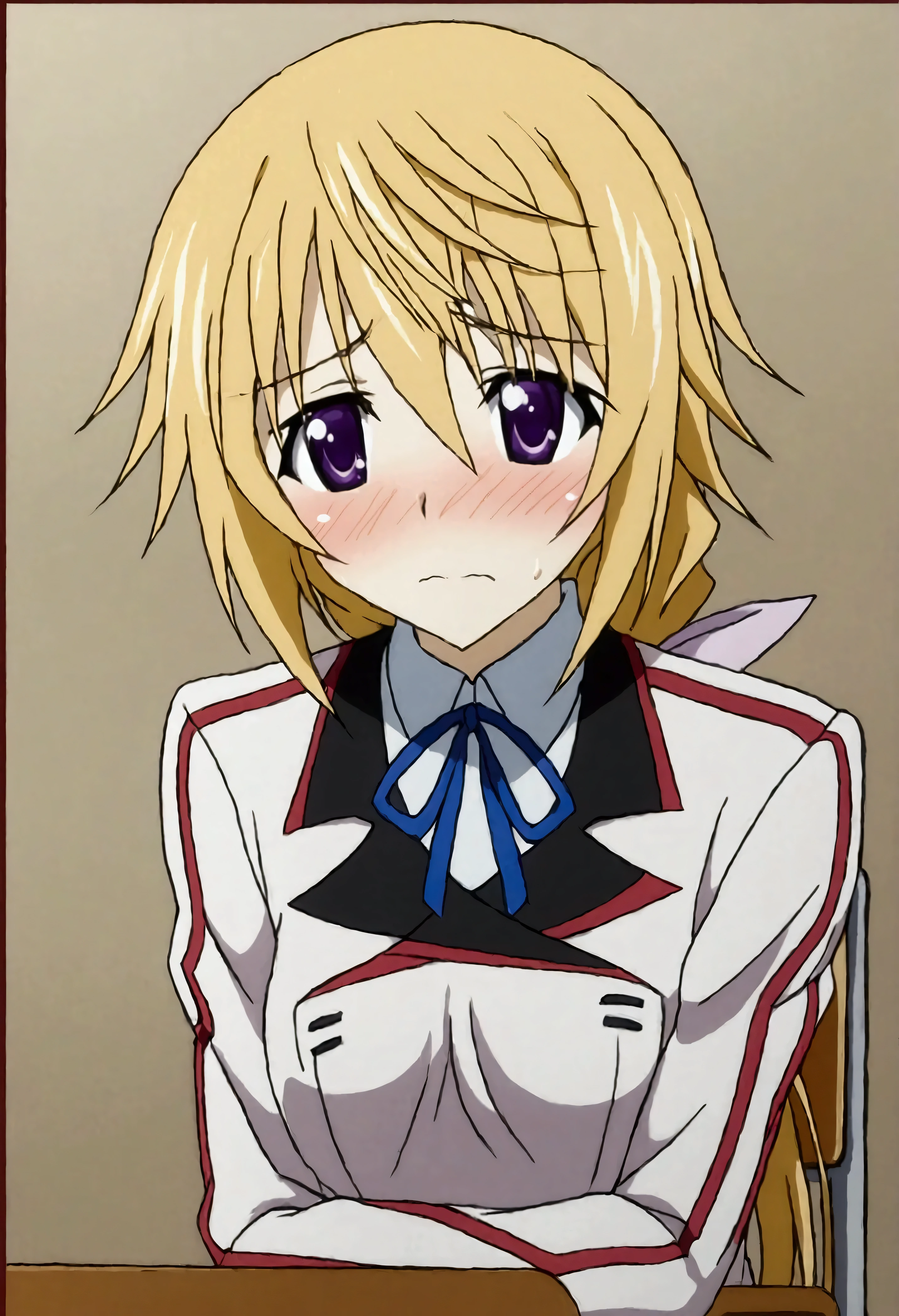 NSFW,masterpiece,Best Quality,High resolution,Very detailed,(One girl),Charlotte Dunois\(Infinite Stratos\),Long Hair、Blonde Hair、ribbon、Purple Eyes、ponytail、ヘアribbon、Student Uniform、ribbon、青いribbon、Long sleeve、Red border、uniform、uniform、白いuniform,School,classroom,machine,chair,Embarrassed,blush