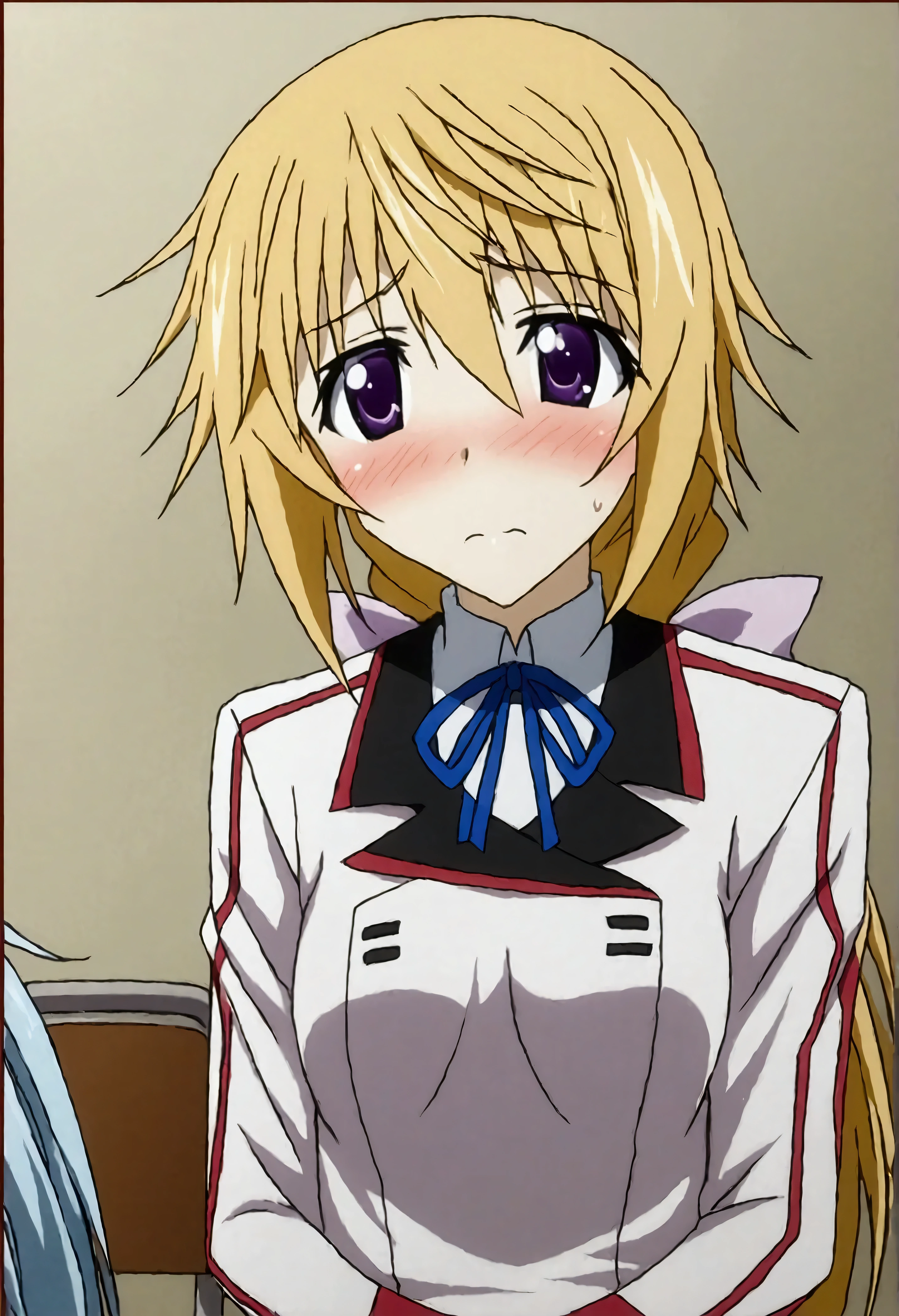 NSFW,masterpiece,Best Quality,High resolution,Very detailed,(One girl),Charlotte Dunois\(Infinite Stratos\),Long Hair、Blonde Hair、ribbon、Purple Eyes、ponytail、ヘアribbon、Student Uniform、ribbon、青いribbon、Long sleeve、Red border、uniform、uniform、白いuniform,School,classroom,machine,chair,Embarrassed,blush