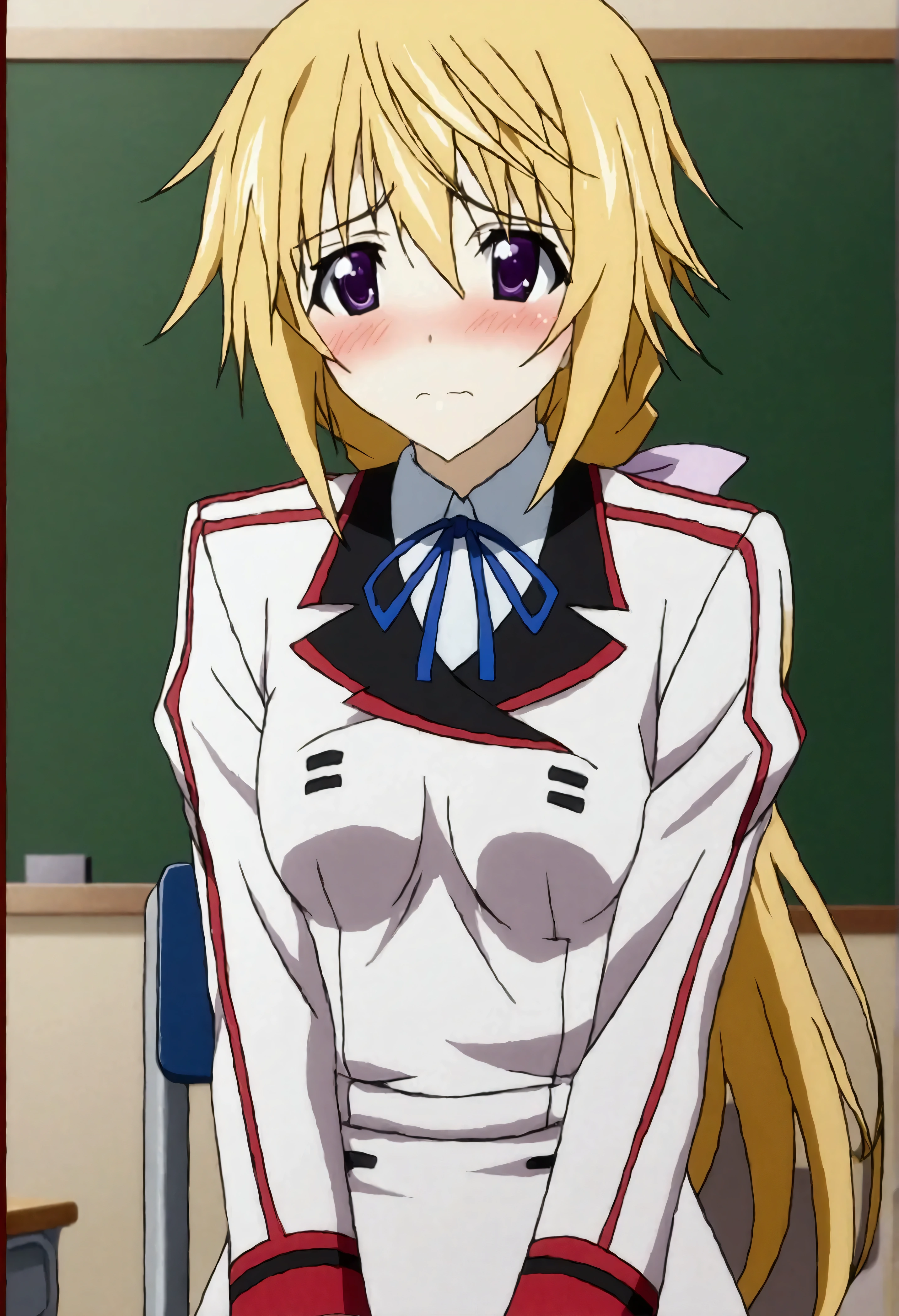 NSFW,masterpiece,Best Quality,High resolution,Very detailed,(One girl),Charlotte Dunois\(Infinite Stratos\),Long Hair、Blonde Hair、ribbon、Purple Eyes、ponytail、ヘアribbon、Student Uniform、ribbon、青いribbon、Long sleeve、Red border、uniform、uniform、白いuniform,School,classroom,machine,chair,Embarrassed,blush