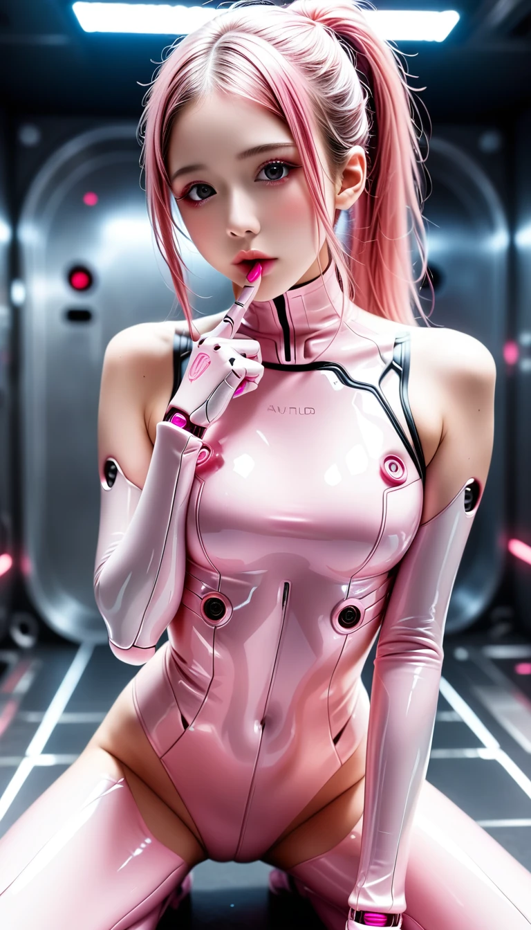 ((pink hair, beautiful Japanese girl, she's a cyborg)), simple logo mark on face, ponytail, loose perm, black eyes, ((attractive eyes, vacant eyes, sexually excited, flushed cheeks)), perfect proportions, large bust, glamorous body, licking index finger, very beautiful skin, bondage fashion, semi-transparent pink enamel bodysuit, futuristic room, neon, dazzling brightness, exquisite details, full body, very sharp, high resolution, realistic, photorealistic, 8K, super detailed, masterpiece, cinematic lighting, dramatic colors, vibrant colors