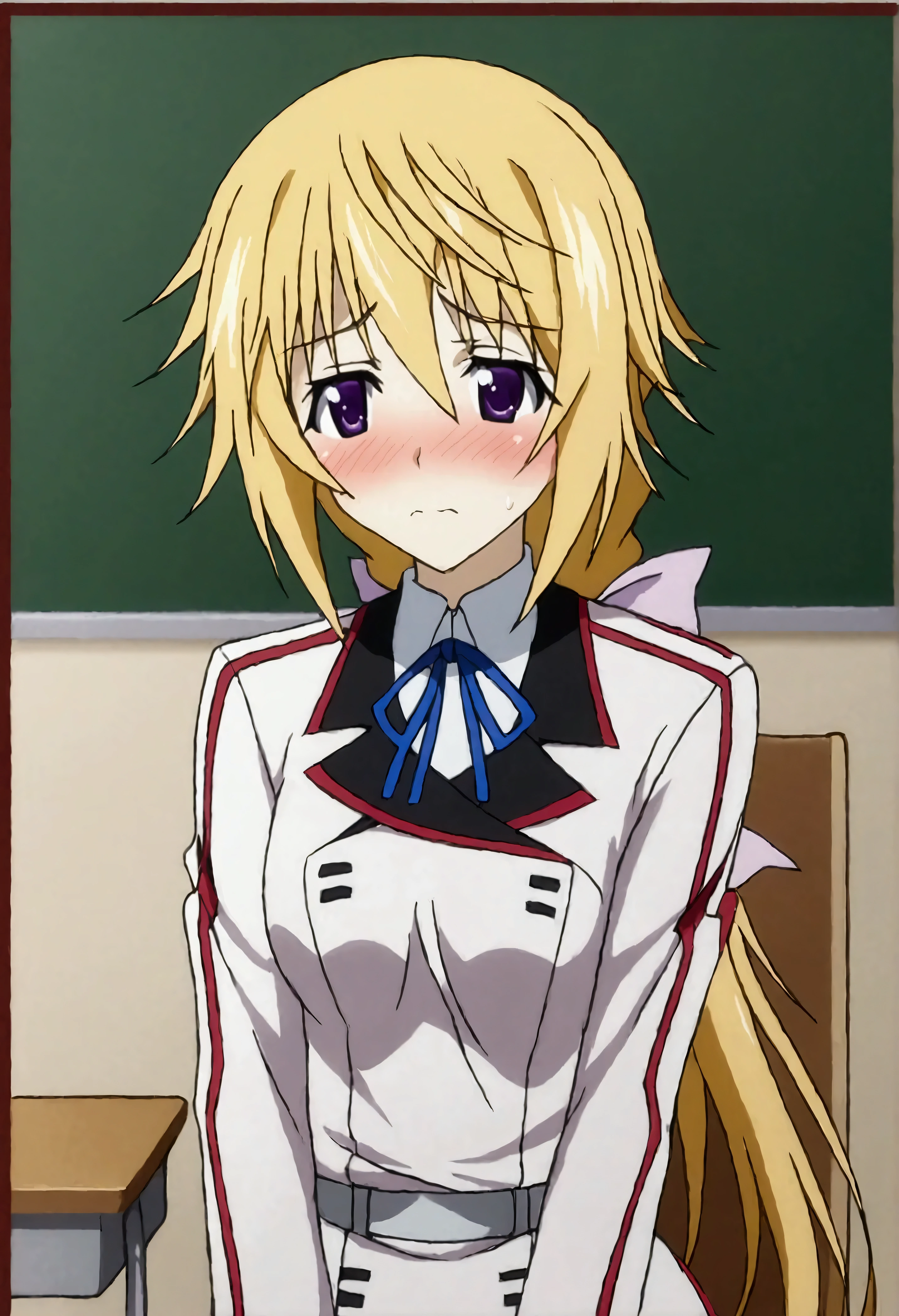 NSFW,masterpiece,Best Quality,High resolution,Very detailed,(One girl),Charlotte Dunois\(Infinite Stratos\),Long Hair、Blonde Hair、ribbon、Purple Eyes、ponytail、ヘアribbon、Student Uniform、ribbon、青いribbon、Long sleeve、Red border、uniform、uniform、白いuniform,School,classroom,machine,chair,Embarrassed,blush,Skirt Lift