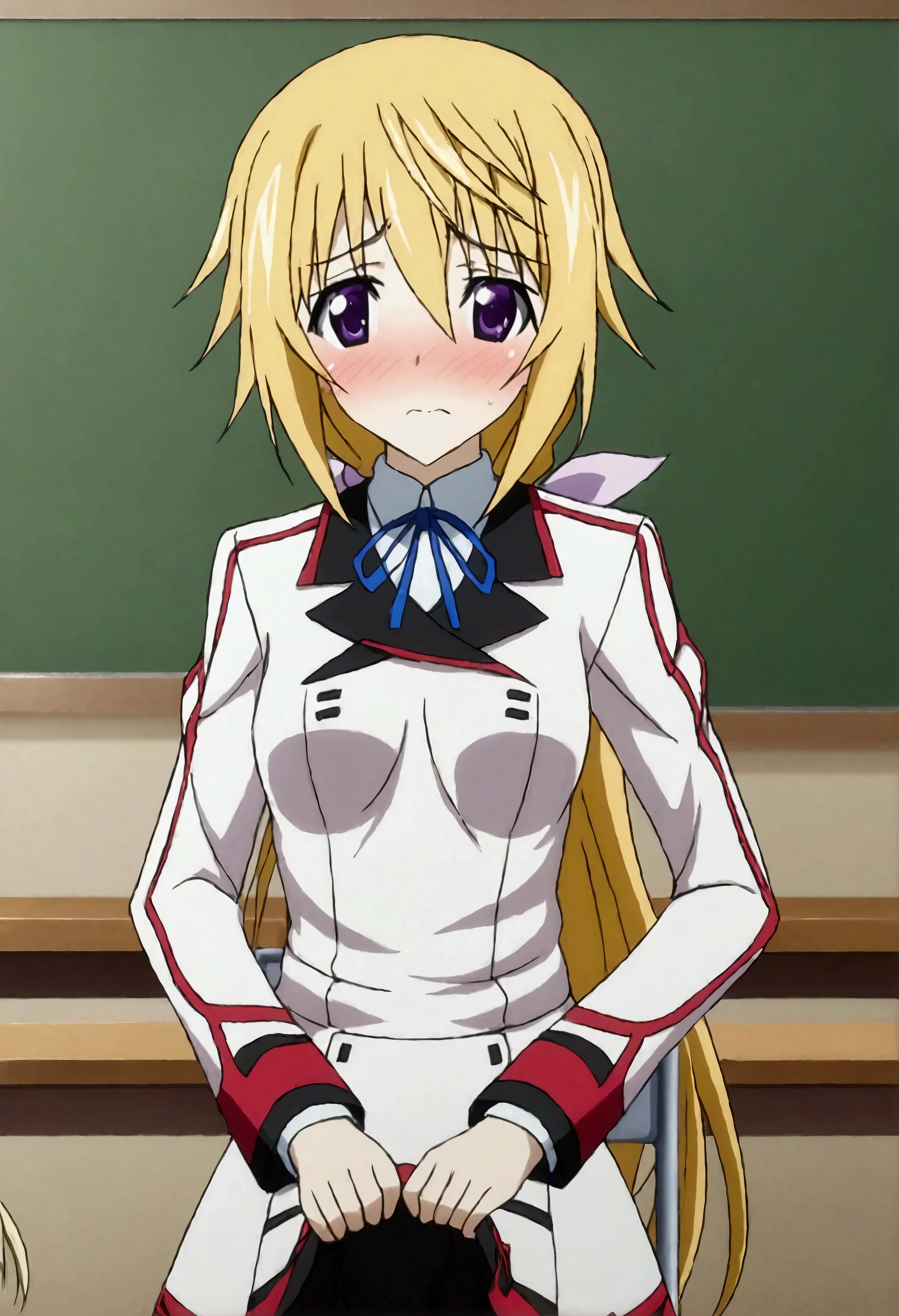 NSFW,masterpiece,Best Quality,High resolution,Very detailed,(One girl),Charlotte Dunois\(Infinite Stratos\),Long Hair、Blonde Hair、ribbon、Purple Eyes、ponytail、ヘアribbon、Student Uniform、ribbon、青いribbon、Long sleeve、Red border、uniform、uniform、白いuniform,School,classroom,machine,chair,Embarrassed,blush,Skirt Lift