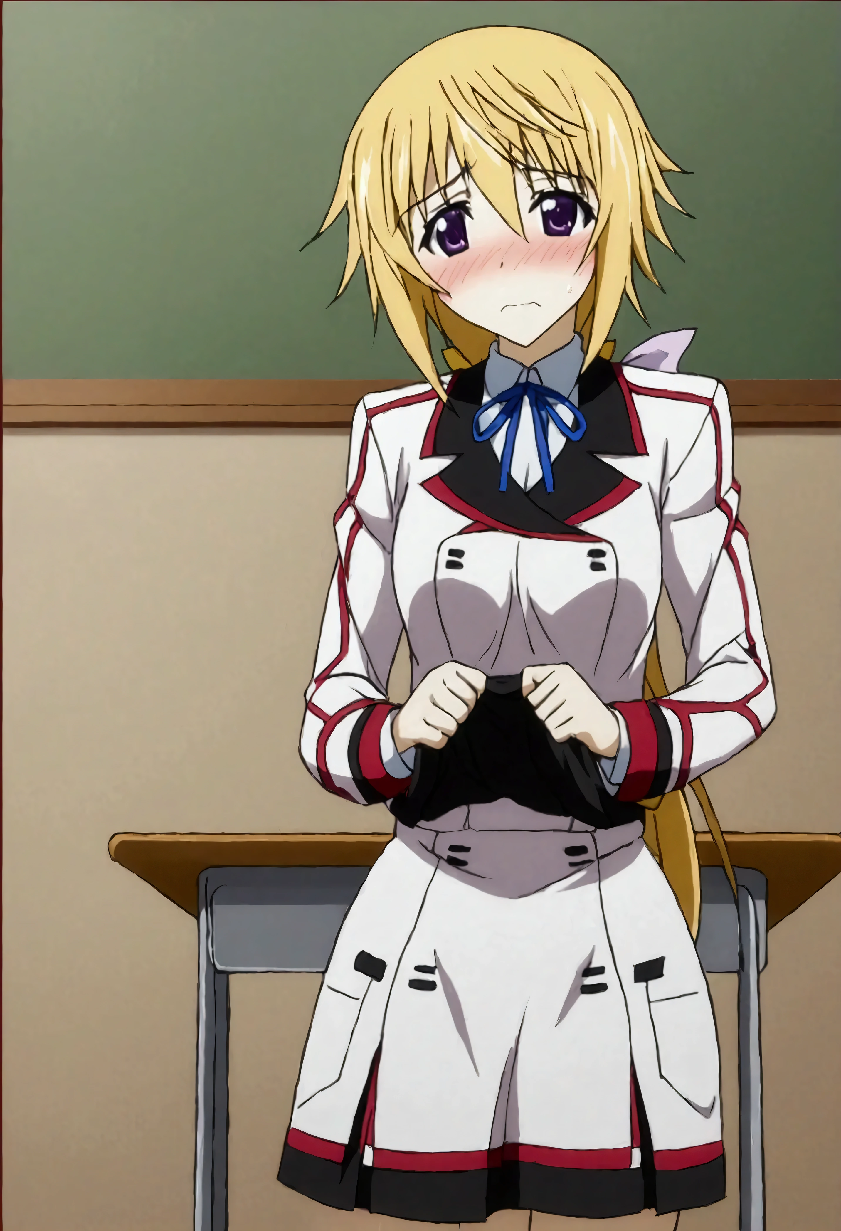 NSFW,masterpiece,Best Quality,High resolution,Very detailed,(One girl),Charlotte Dunois\(Infinite Stratos\),Long Hair、Blonde Hair、ribbon、Purple Eyes、ponytail、ヘアribbon、Student Uniform、ribbon、青いribbon、Long sleeve、Red border、uniform、uniform、白いuniform,School,classroom,machine,chair,Embarrassed,blush,Skirt Lift