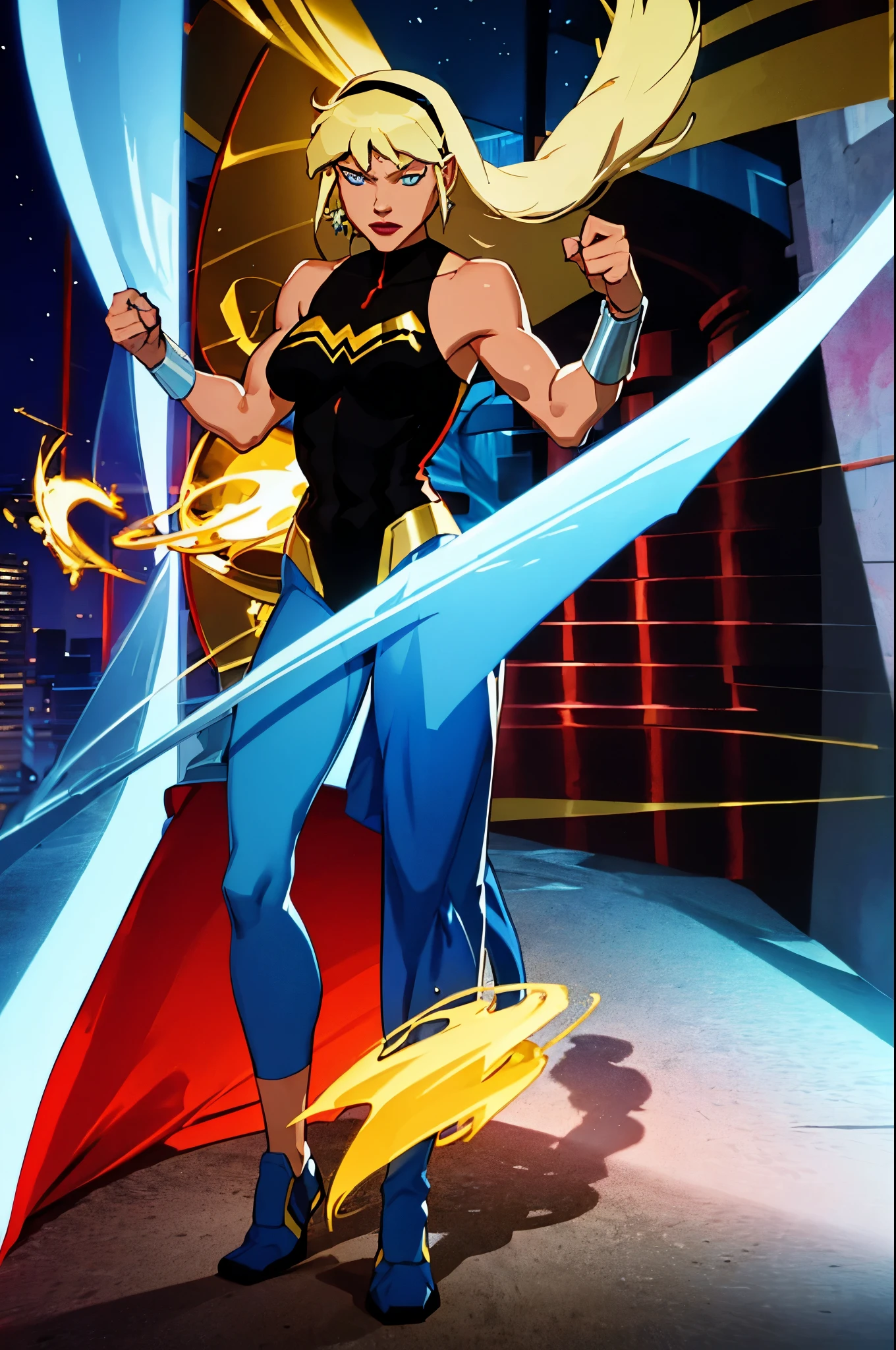 A blonde woman in a superhero costume, striking a heroic pose, vibrant colors, blue eyes shining with determination, long flowing hair fluttering in the wind, sleek and form-fitting outfit with a symbol on the chest, (best quality, 4k, high resolution, masterpiece:1.2), ultra-detailed, photorealistic, dramatic lighting highlighting her figure, comic book art style, colorful background depicting a city skyline