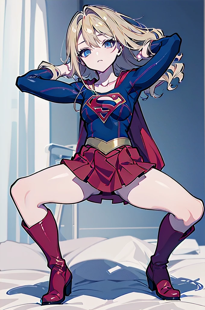 (whole body),Big Booty Goth Girl, Medium Chest,  ((Squat,Spread your legs, Place your arms behind your head)),Anime Style，3D Rendering,( supergirl)，blonde，Long Hair，blue eyes，Thick thighs，Red Skirt，The skirt is short,，You can see the blue leotard under the skirt.，Red Boots，The wind blows up my skirt，Red Face，(Best Quality,8k,High resolution,masterpiece:1.2),Very detailed，Room，bed，night crawling，curtain