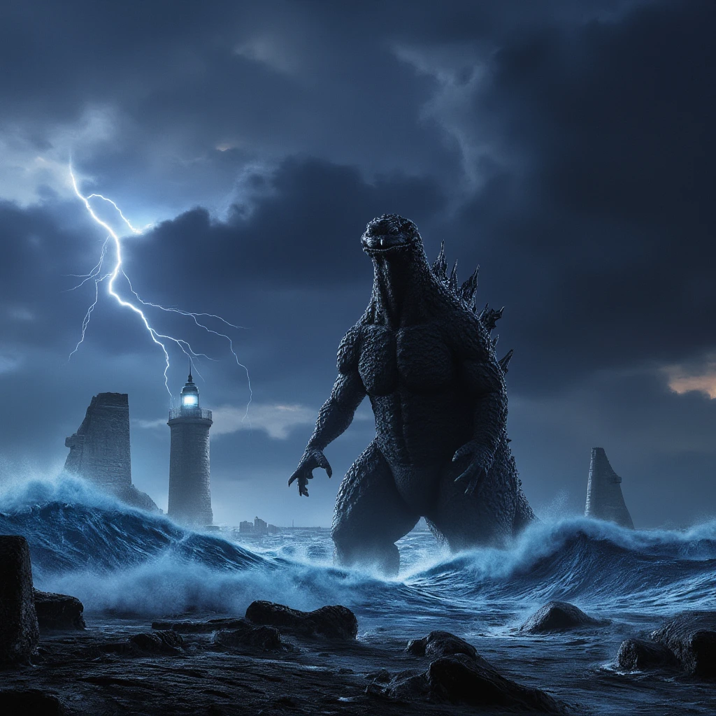 godzilla, big wave, stormy night, lighthouse, Hi3_godzilla