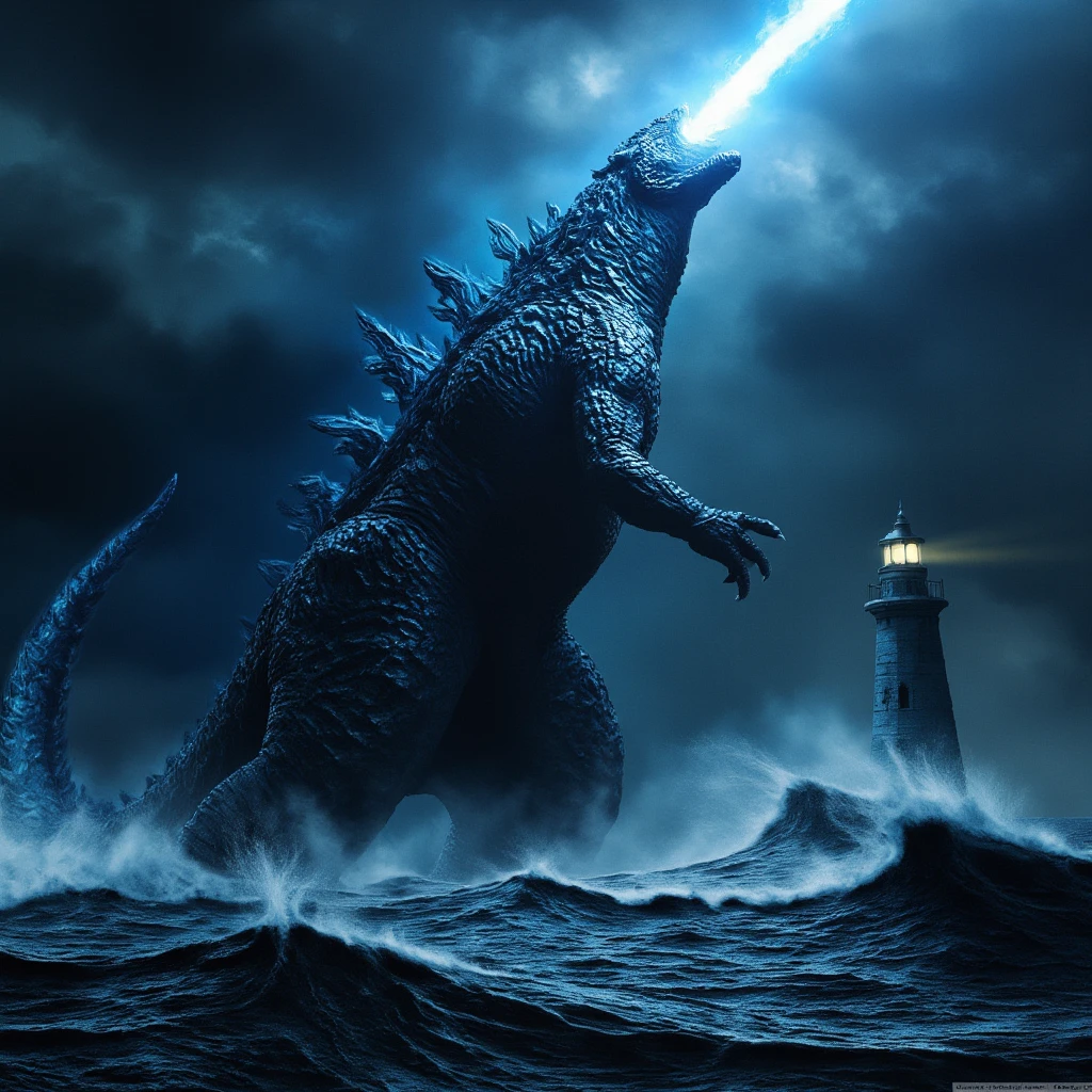 godzilla, big wave, stormy night, lighthouse, Hi3_godzilla