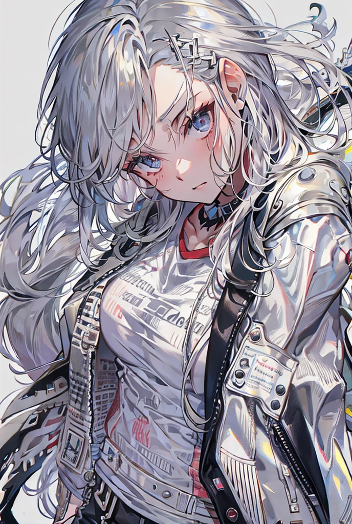 (masterpiece:1.2, best quality), (1lady, solo, upper body:1.2), Hair: buzz cut, Clothing: oversized, distressed denim jacket with patches and pins, paired with black skinny jeans and combat boots, Accessories: silver hoop earrings and a black choker necklace, Hanging out in an underground music venue or street art exhibit