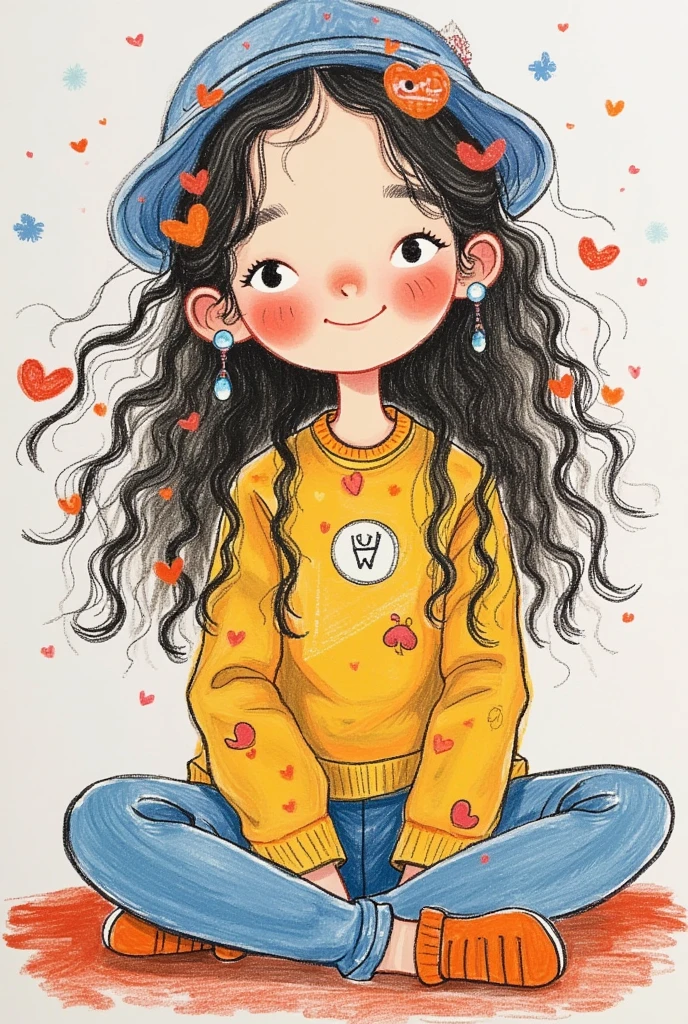 Colorful illustration：Vector Art，Rough texture，Children&#39;s Art，Artists from the stars，Autistic painter，Rich imagination，Childish graffiti art，Folk Art，A funny cartoon，Pastel Art：Happy girl portrait，Fluffy long hair，Alone，Cute expression，Cartoon Speed，