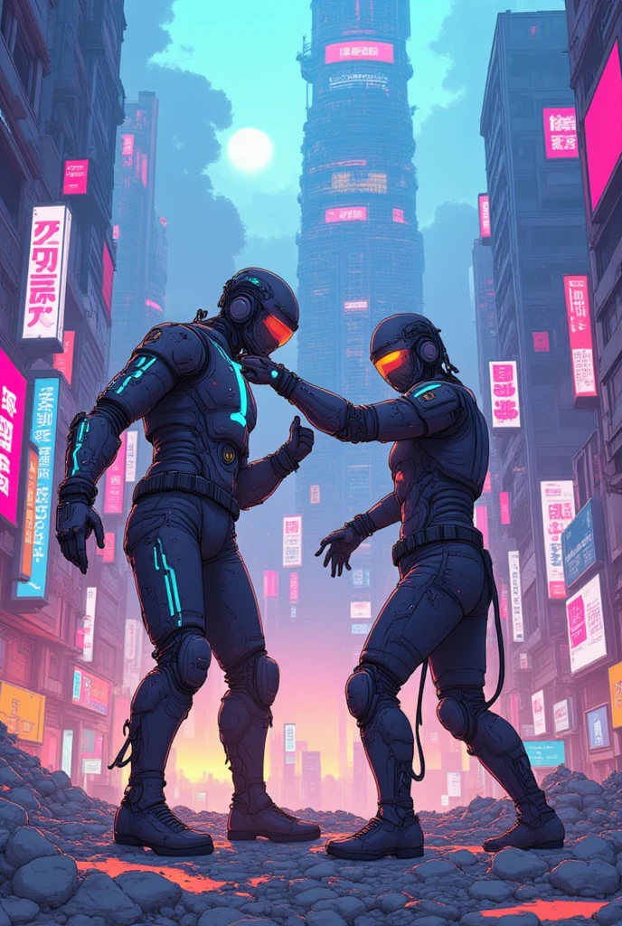 Cybanime, A futuristic final battle between two cyber-enhanced soldiers on a crumbling, high-tech battlefield in the heart of a dystopian city
