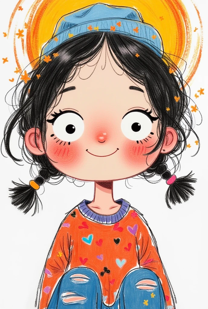 Colorful illustration：Vector Art，Rough texture，Children&#39;s Art，Artists from the stars，Autistic painter，Rich imagination，Childish graffiti art，Folk Art，A funny cartoon，Pastel Art：Happy girl portrait，Big eyes，Fluffy long hair，Alone，Cute expression，Cartoon Speed，