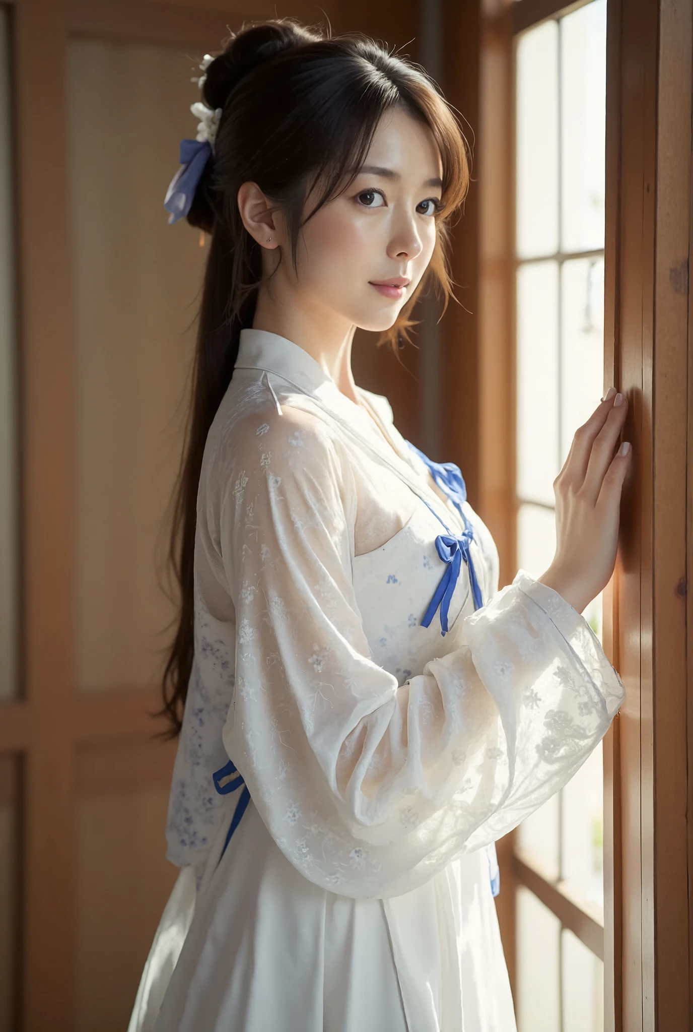 East-Asian woman, standing by a window, soft natural light, wearing a white long dress, elegant and delicate, blue ribbon with tassels, traditional-inspired attire, gentle and calm expression, brown hair tied up with a blue ribbon, soft and warm lighting, wooden window frame, peaceful and serene atmosphere, detailed clothing patterns, slight shadow from the light, vintage and graceful aesthetic