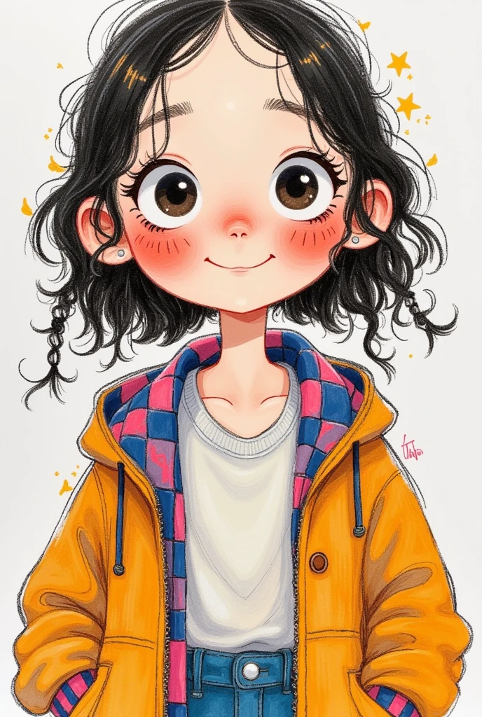 Colorful illustration：Vector Art，Rough texture，Children&#39;s Art，Artists from the stars，Autistic painter，Rich imagination，Childish graffiti art，Folk Art，A funny cartoon，Pastel Art：Happy girl portrait，Big eyes，Fluffy long hair，Alone，Cute expression，Cartoon Speed，