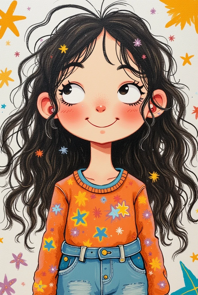 Colorful illustration：Vector Art，Rough texture，Children&#39;s Art，Artists from the stars，Autistic painter，Rich imagination，Childish graffiti art，Folk Art，A funny cartoon，Pastel Art：Happy girl portrait，Big eyes，#100: Long, Fluffy Wavy Hair，Alone，Cute expression，Cartoon Speed，