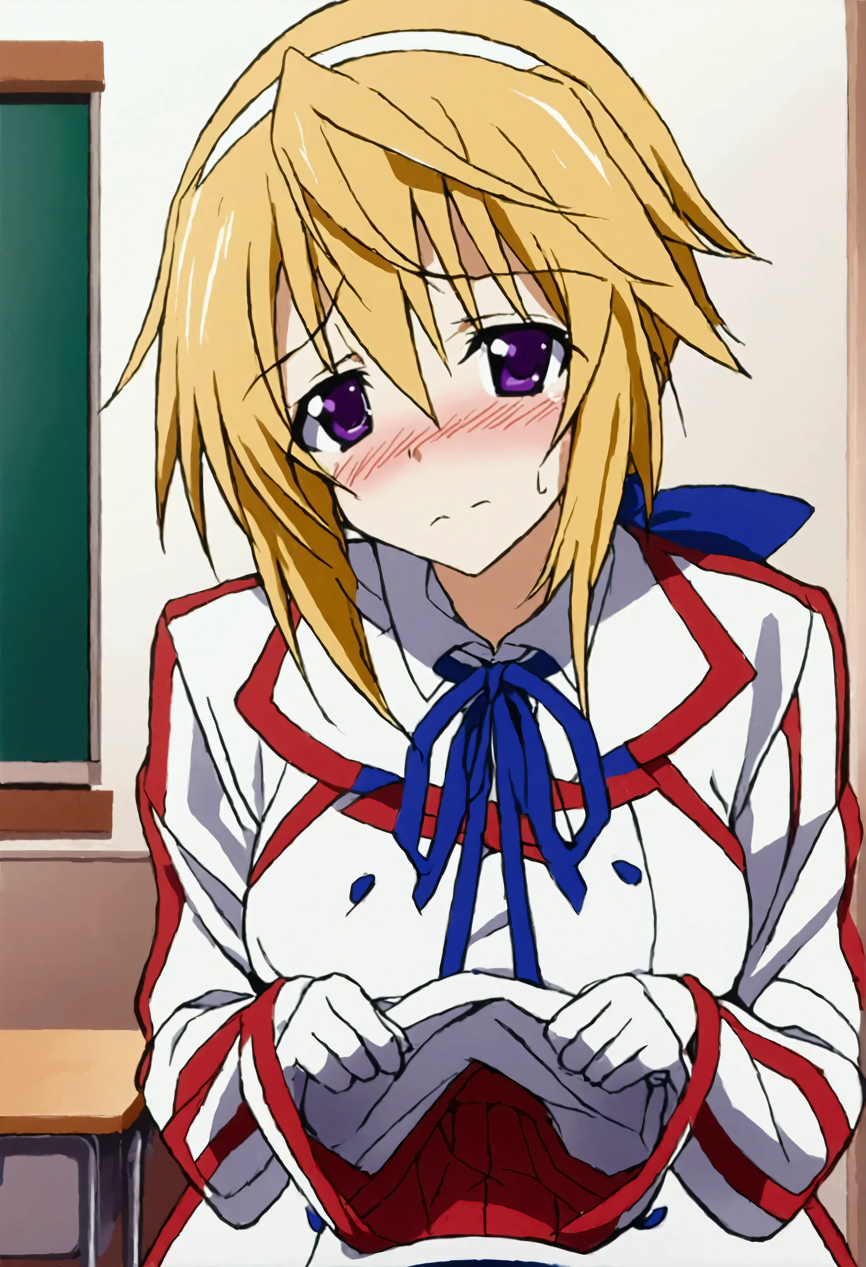 NSFW,masterpiece,Best Quality,High resolution,Very detailed,(One girl),Charlotte Dunois\(Infinite Stratos\),Long Hair、Blonde Hair、ribbon、Purple Eyes、ponytail、ヘアribbon、Student Uniform、ribbon、青いribbon、Long sleeve、Red border、uniform、uniform、白いuniform,School,classroom,machine,chair,Embarrassed,blush,Skirt Lift