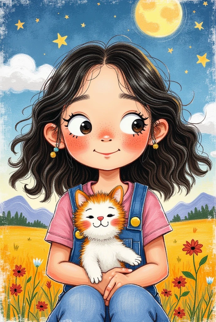 Colorful illustration：Vector Art，Rough texture，Children&#39;s Art，Artists from the stars，Autistic painter，Rich imagination，Childish graffiti art，Folk Art，A funny cartoon，Pastel Art：girl holding a kitten，portrait，Big eyes，#100: Long, Fluffy Wavy Hair，Alone，Cute expression，Cartoon Speed，