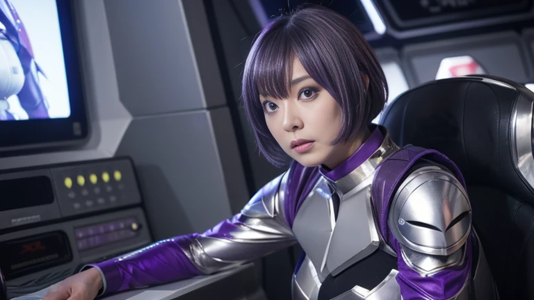 Best Quality、High resolution、８k quality、Earth Defense Force female commander、Inside the command room of the spaceship、Purple short bob、(((Silver Uniform)))、(((Showa tokusatsu drama)))、