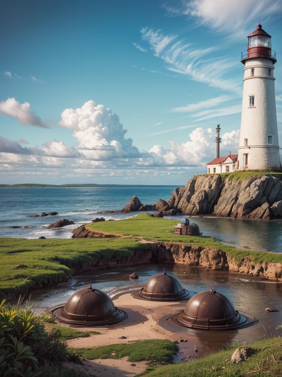 Abstract art, ( Surrealism ) a Surreal scene of a Lighthouse, cnady, Lighthouse in the middle of a see of gum, surrounded by marshemellows and bars of chocolate, 