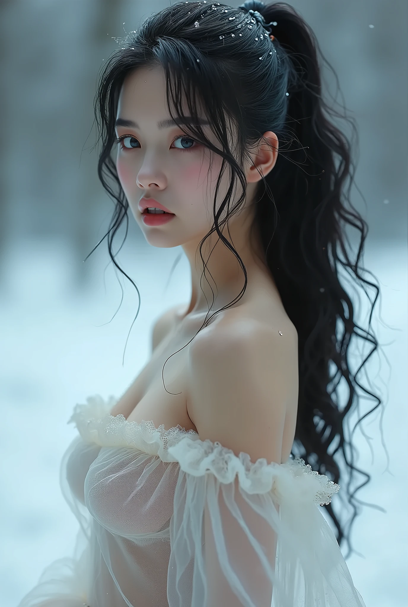 ((best quality)), ((masterpiece)), (detailed), 1girl, perfect cute face(covered in white cum), 18 year old Vietnamese girl, blue wavy hair, face covered in white cum, ultra huge tits (covered in white cum), perfect slim body (covered in white cum), nude, pink pussy, sitting on a foggy farm, smiling.
