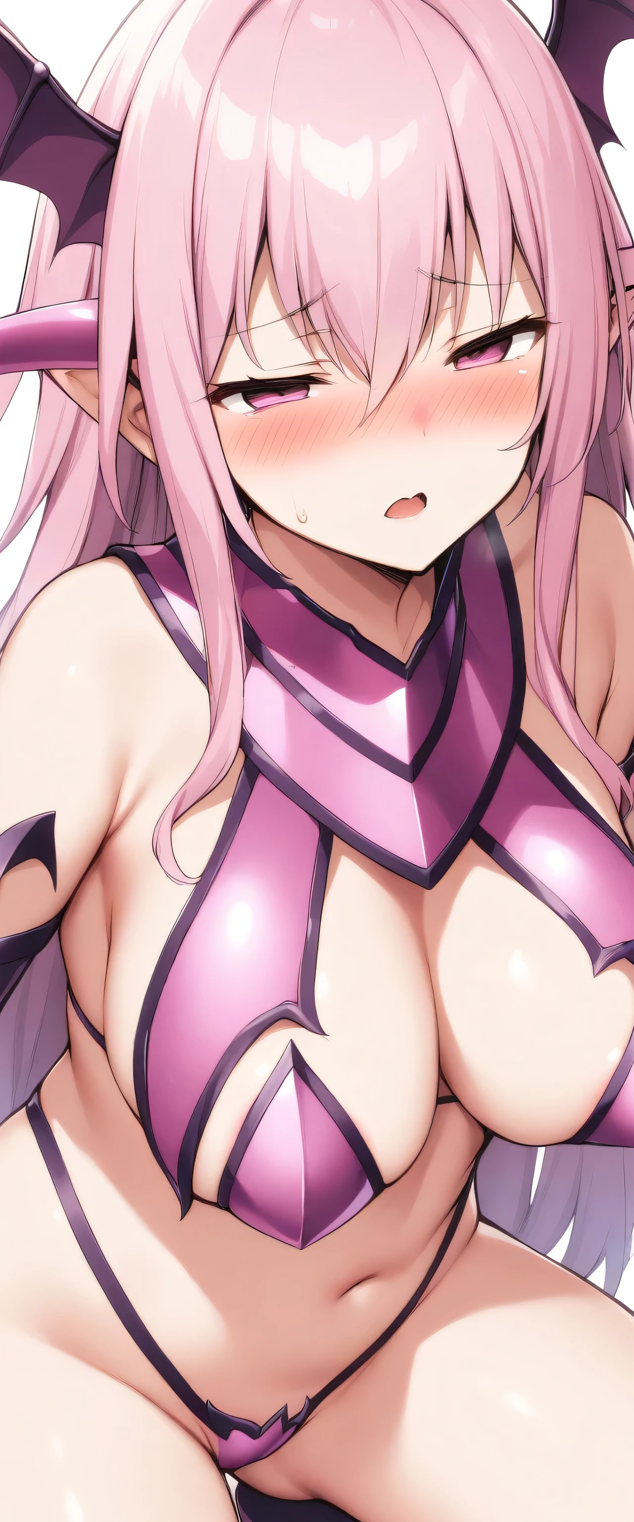 Pink Eyes、Pink Hair、Wearing purple micro bikini armor　Slanted Eyes　Warrior of Fire、Ridiculous,Succubus,White corner、1girl