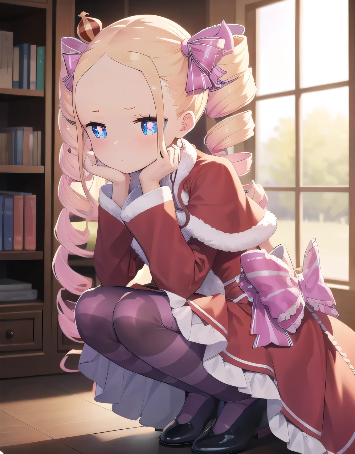 beatrice, beatrice, blonde hair, blue eyes, (butterfly-shaped pupils:1.5), drill hair, long hair, parted bangs, (forehead:1.5), symbol-shaped pupils, twin drills, sidelocks,
BREAK bow, capelet, crown, dress, frilled bow, frills, fur trim, fur-trimmed capelet, long dress, long sleeves, mini crown, pantyhose, red capelet, sleeves past wrists, striped, striped pantyhose,
BREAK looking at viewer, full body,
BREAK indoors, library,
BREAK (masterpiece:1.2), best quality, high resolution, unity 8k wallpaper, (illustration:0.8), (beautiful detailed eyes:1.6), extremely detailed face, perfect lighting, extremely detailed CG, (perfect hands, perfect anatomy), butt, panties,  upskirt. Close-up of butt and crotch, angry, squatting, legs open 