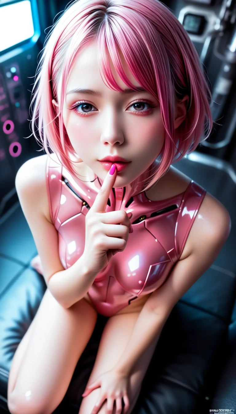 ((pink hair , beautiful Japanese girl, she's a cyborg)), simple logo mark on face, short hair, loose perm, black eyes, ((attractive eyes, half-open eyes, sexually excited, flushed cheeks)), perfect proportions, large bust, glamorous body, licking index finger, very beautiful skin, bondage fashion, semi-transparent pink enamel bodysuit, sitting with legs apart, futuristic room, neon, dazzling brightness, exquisite details, full body, very sharp, high resolution, realistic, photorealistic, 8K, ultra detailed, masterpiece, shot from above, cinematic lighting, dramatic colors, vibrant colors